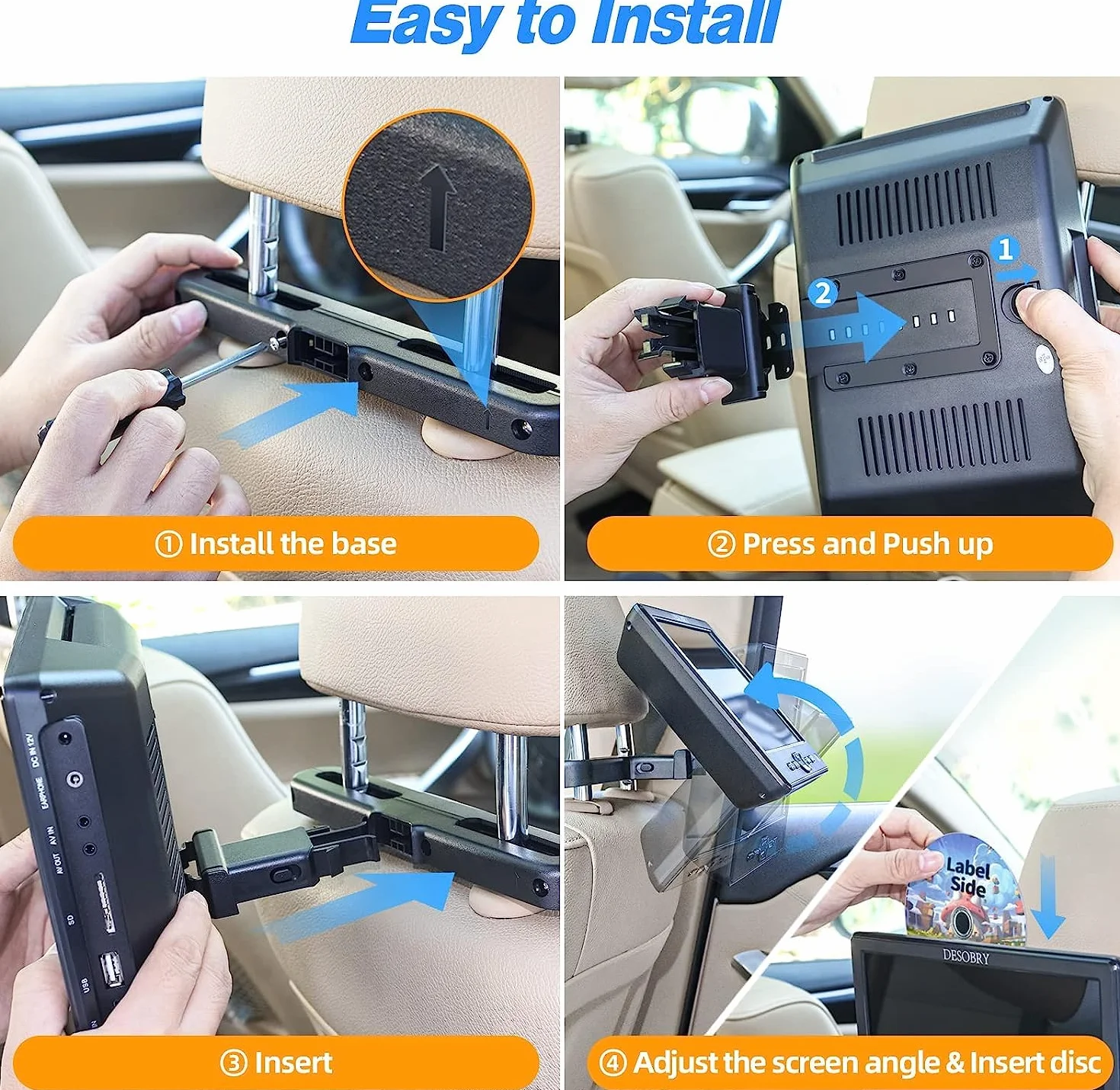 DESOBRY Lettore DVD per auto da 10,5 pollici con supporto per poggiatesta, lettore DVD portatile per auto con cuffie, ingresso disco a ventosa, supporto video 1080P