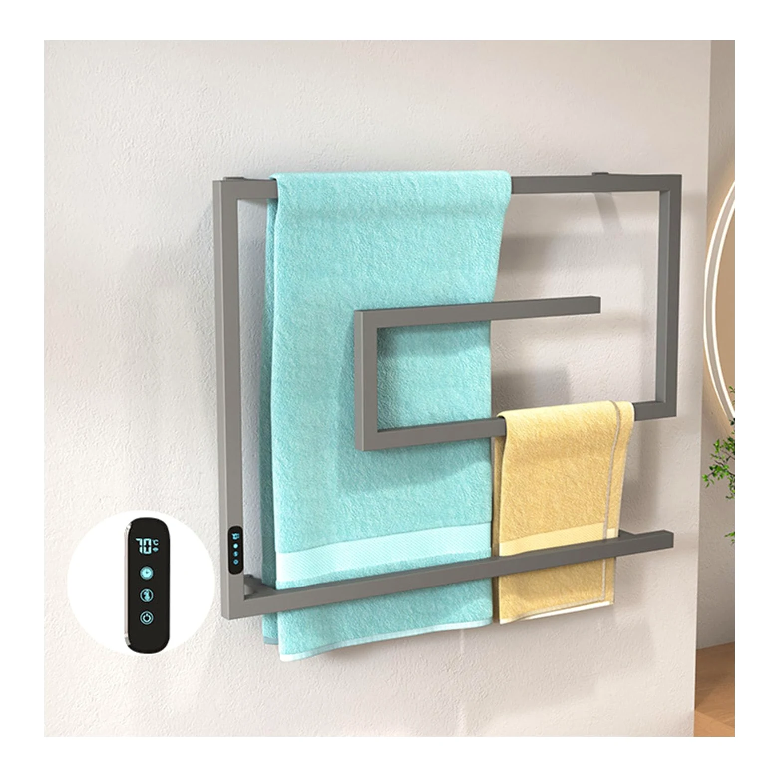 Portasciugamani riscaldato a parete in acciaio inox, riscaldamento rapido, controllo della temperatura costante, grigio rigido, ideale per uso in bagno e design elegante