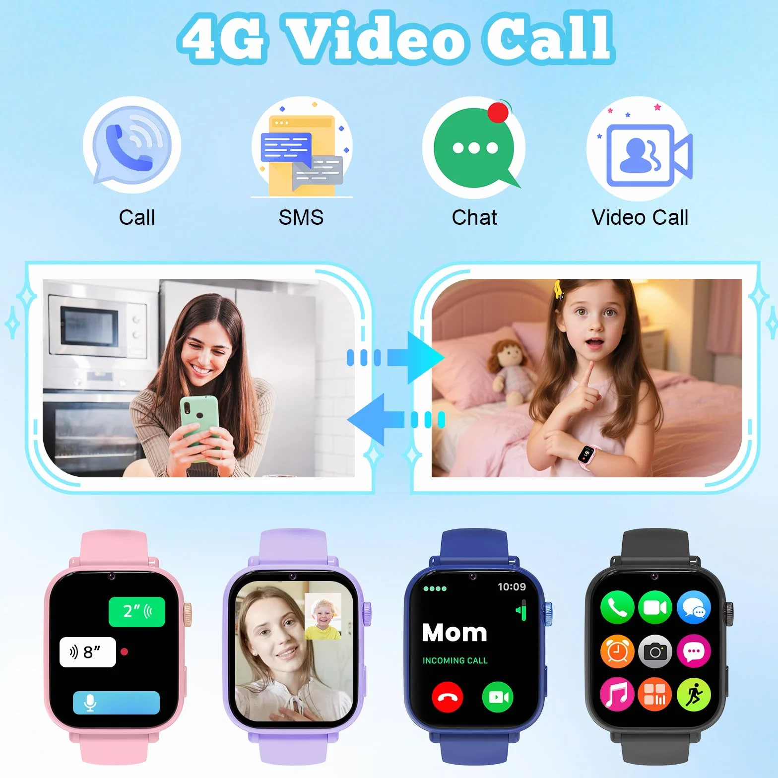 Smartwatch Bambini GPS 4G, Orologio Intelligente per Ragazza e Ragazzo con Telefono, Videochiamata, Chat, Sveglia, Camera, Modalità Classe, Gioco, Smart Watch Bambino Bambina 4-12 Anni Regalo, Nero