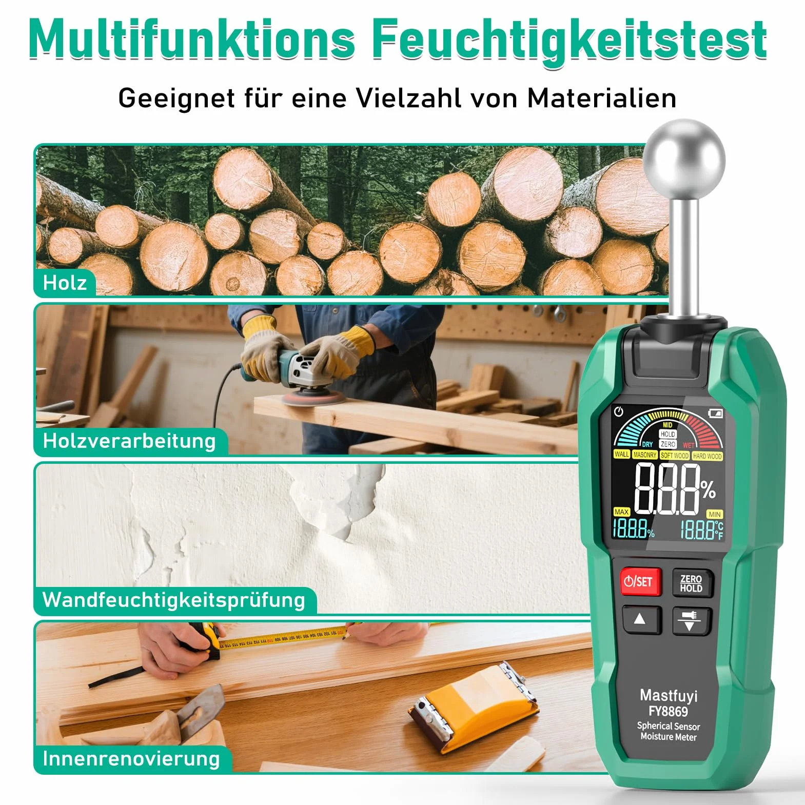 Misuratore di Umidità Non Distruttivo,Misuratore di umidità senza contatto per su Legno,Pareti,Cantiere,Allarmi,Rivelatore Umidità 20-40 mm