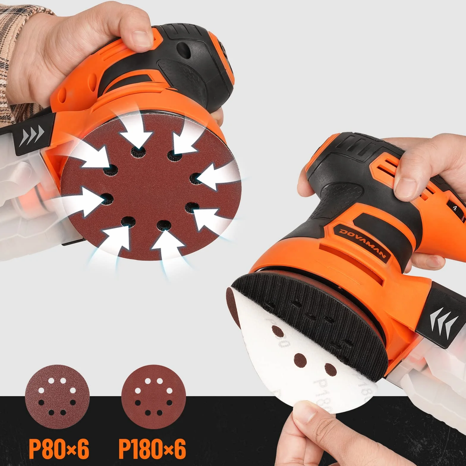 DOVAMAN ROS01A Levigatrice Orbitale,350W, 6 Velocità Variabili, 13000 RPM, 12 Fogli Abrasivi, Disco da 125mm, Raccolta della Polvere, Levigatrice Elettrica per Superfici in Legno e Acciaio
