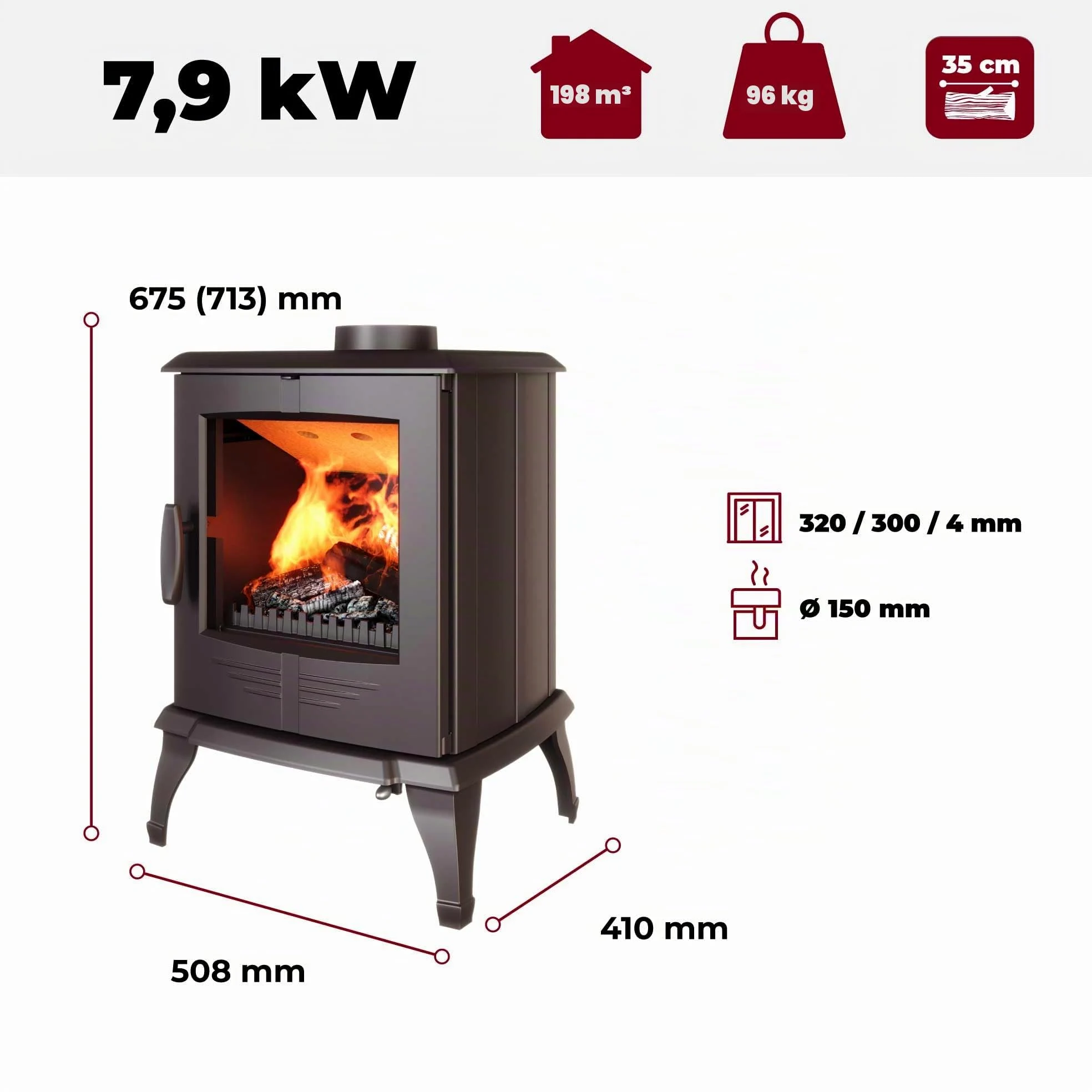 Stufa a legna libera installazione, in ghisa nera - P8 (7,9 kW) ECO