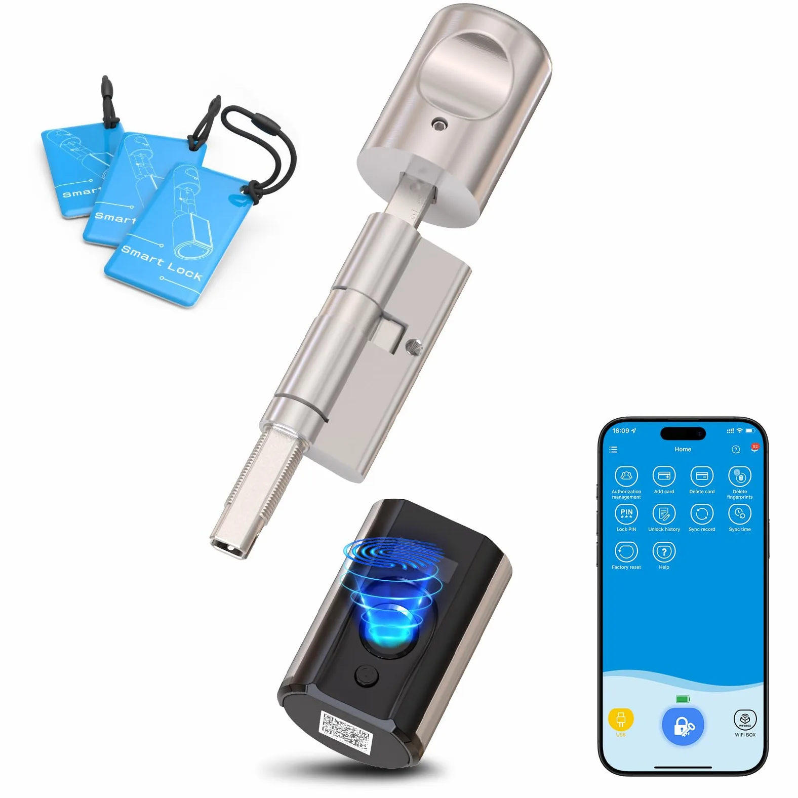 WELOCK Touch63 Serratura Smart serratura Impronta Digitale,Carta RFID,APP | Serratura elettronica WiFi(necessità welock wifibox),serratura porta blindata per porta 50-100mm,Smart Lock IP65,Argento