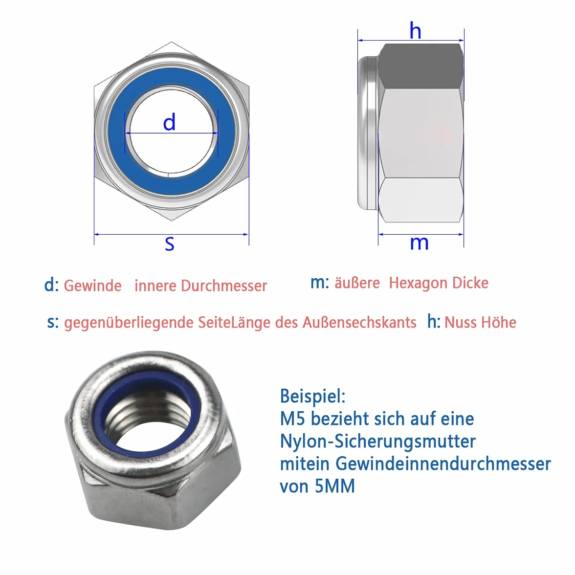 Set di 212 dadi di bloccaggio esagonali in acciaio inox 304 con inserto in nylon, assortimento M3-M12
