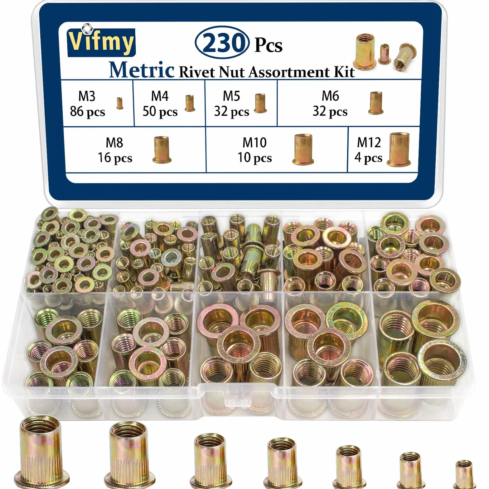 Vifmy Kit assortimento rivetti filettati metrici M3 M4 M5 M6 M8 M10 M12 230 pezzi inserti acciaio carbonio zincati