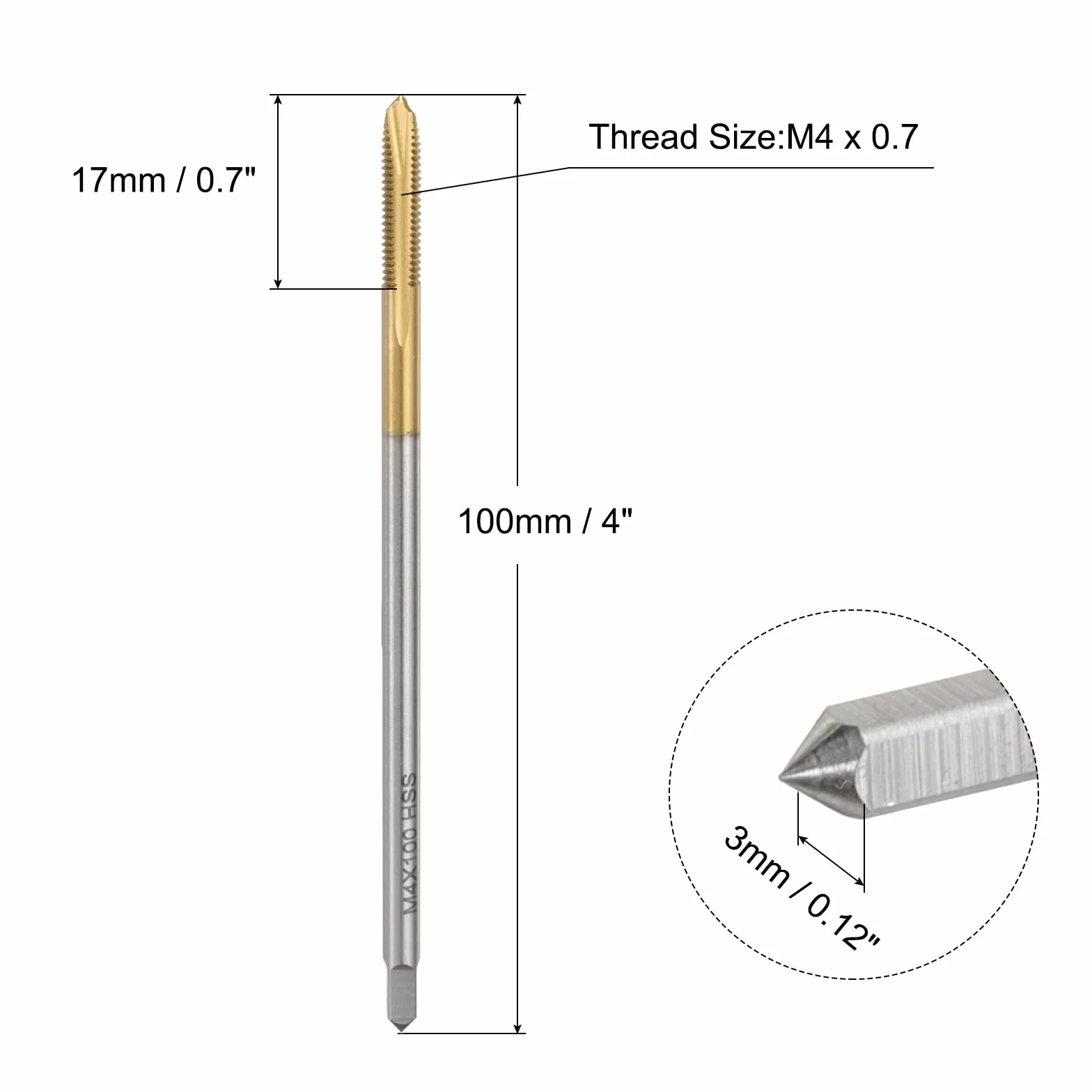 QUARKZMAN M4 x 0.7 H2 Metric Spiral Point Thread Tap, 100mm Extra Long Titanium Coated High Speed Steel Tapping Tool