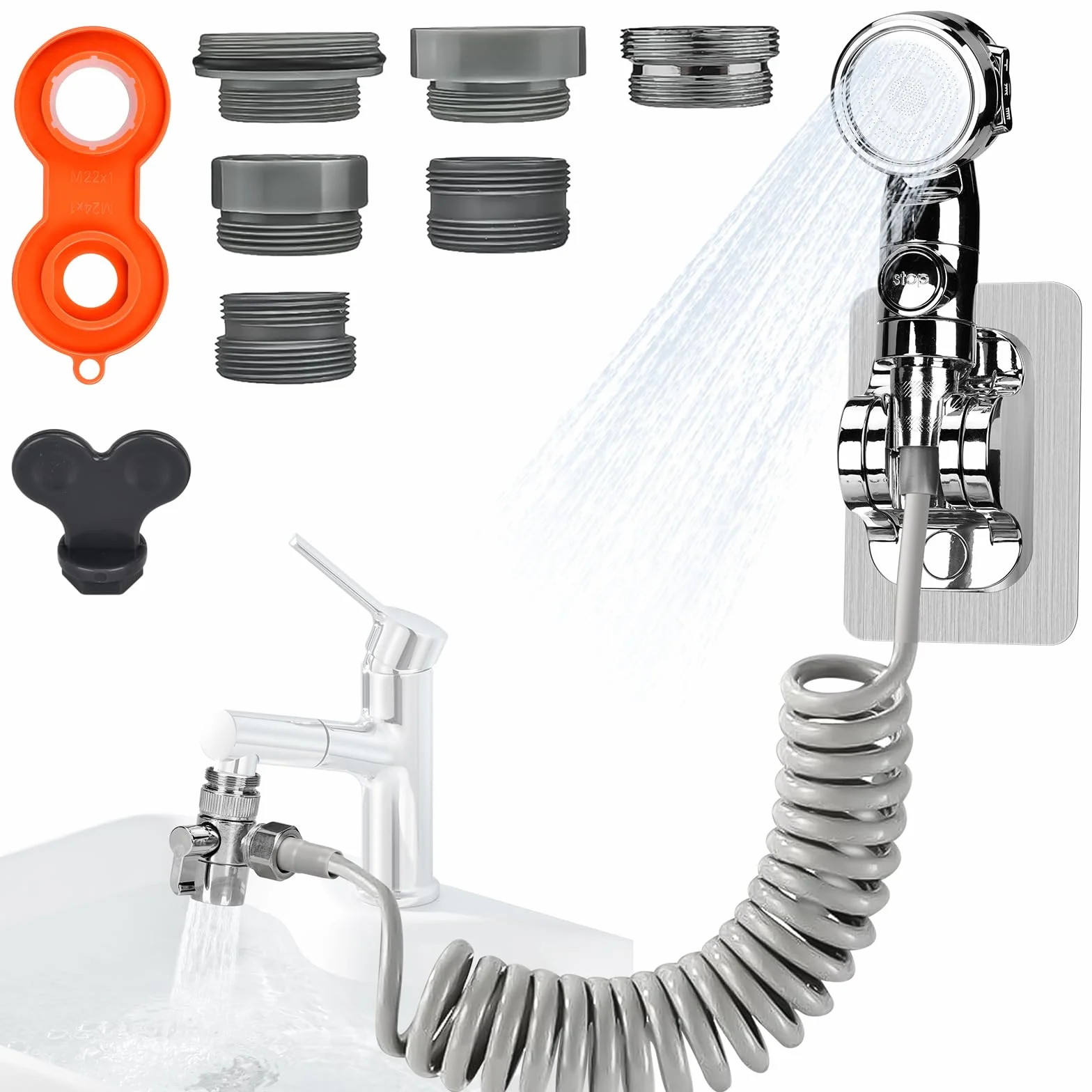 Doccetta per Lavandino Bagno con Tubo Estensibile 3M Set Soffione Doccia 6 Adattatore