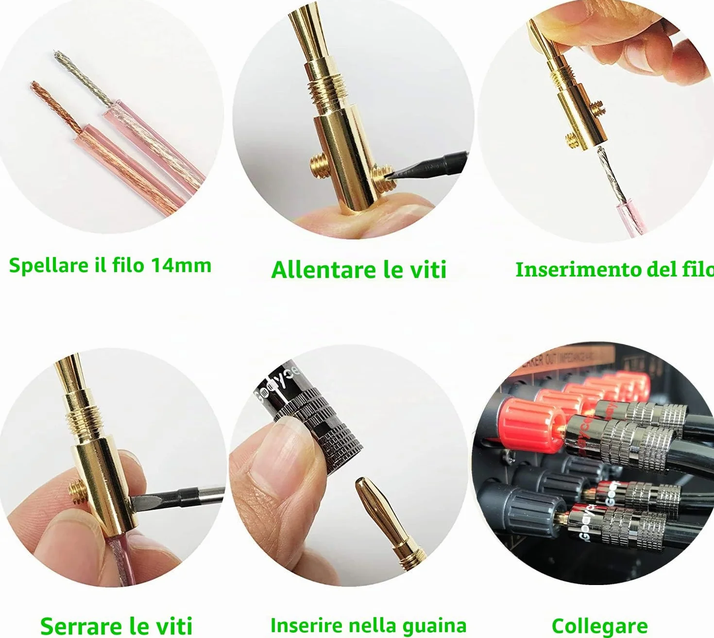 adattatori a banana da 4 mm, placcati oro 24 K, connettori per diffusori, 6 paia, 12 pezzi