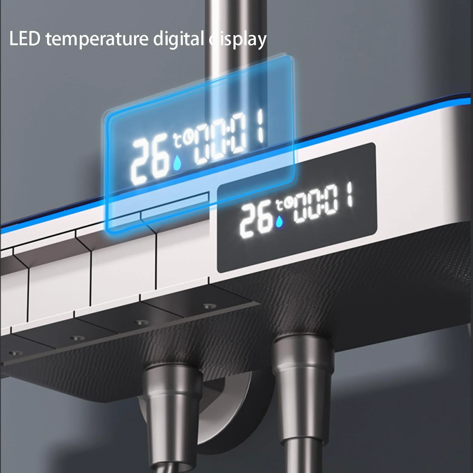 Set Doccia termostatico a 4 funzioni con Rubinetto e Display Digitale, soffione da 12", doccetta, doccetta per Bidet, beccuccio per Vasca, Grigio