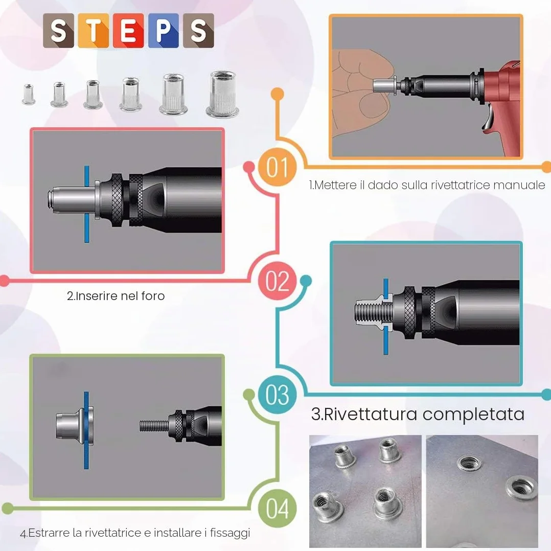 Glarks 180pcs Flat Head Rivet Nut Assortiment Kit, Inserisci in acciaio inossidabile Rivnut, Rivetti a filettatura metrici