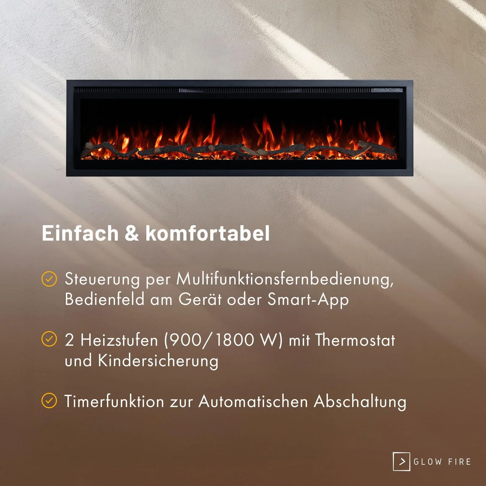 GLOW FIRE Camino elettrico Core 127 LED 3D, 1800 W, 127x35x12 cm, parete, controllo app