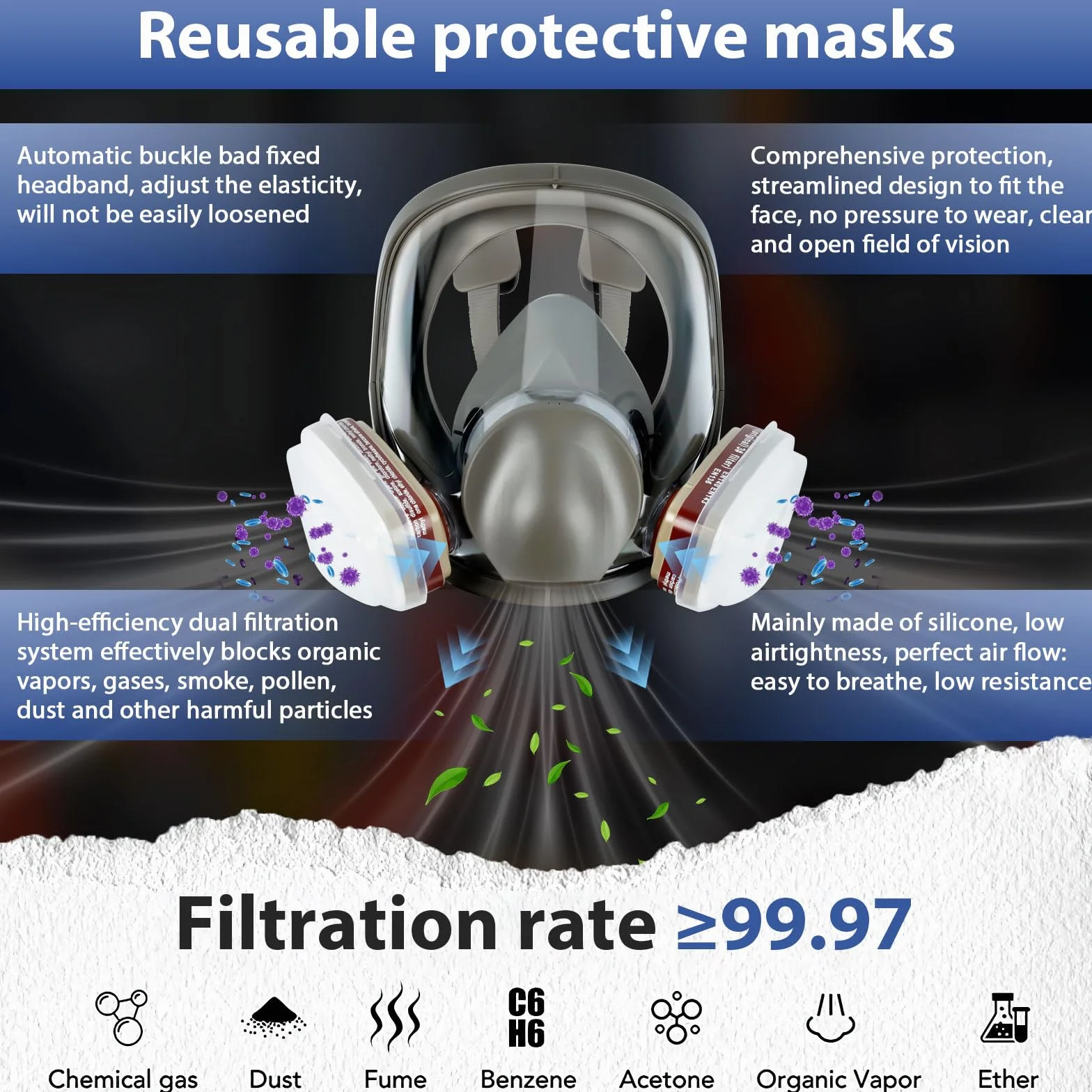 Maschera Antigas Pieno Facciale Riutilizzabile con 10 Filtri e 5 Guanti per Verniciatura Lavoro Agricoltura