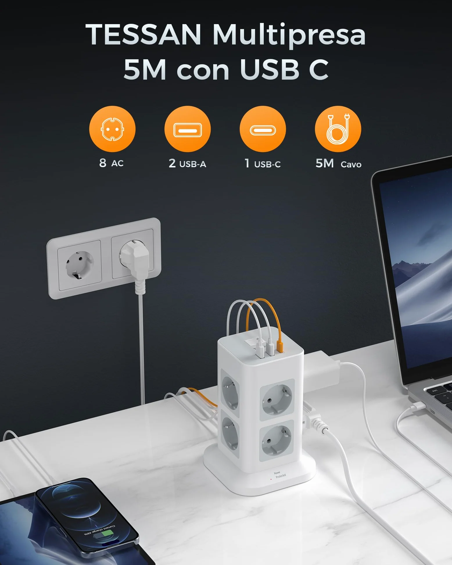 TESSAN Ciabatta Multipresa con USB, Multipresa Elettrica con 8 Prese e 3 USB, Protezione Sovratensione 1700J, Ciabatta Elettrica con Cavo 5M e Interruttore, Grigio