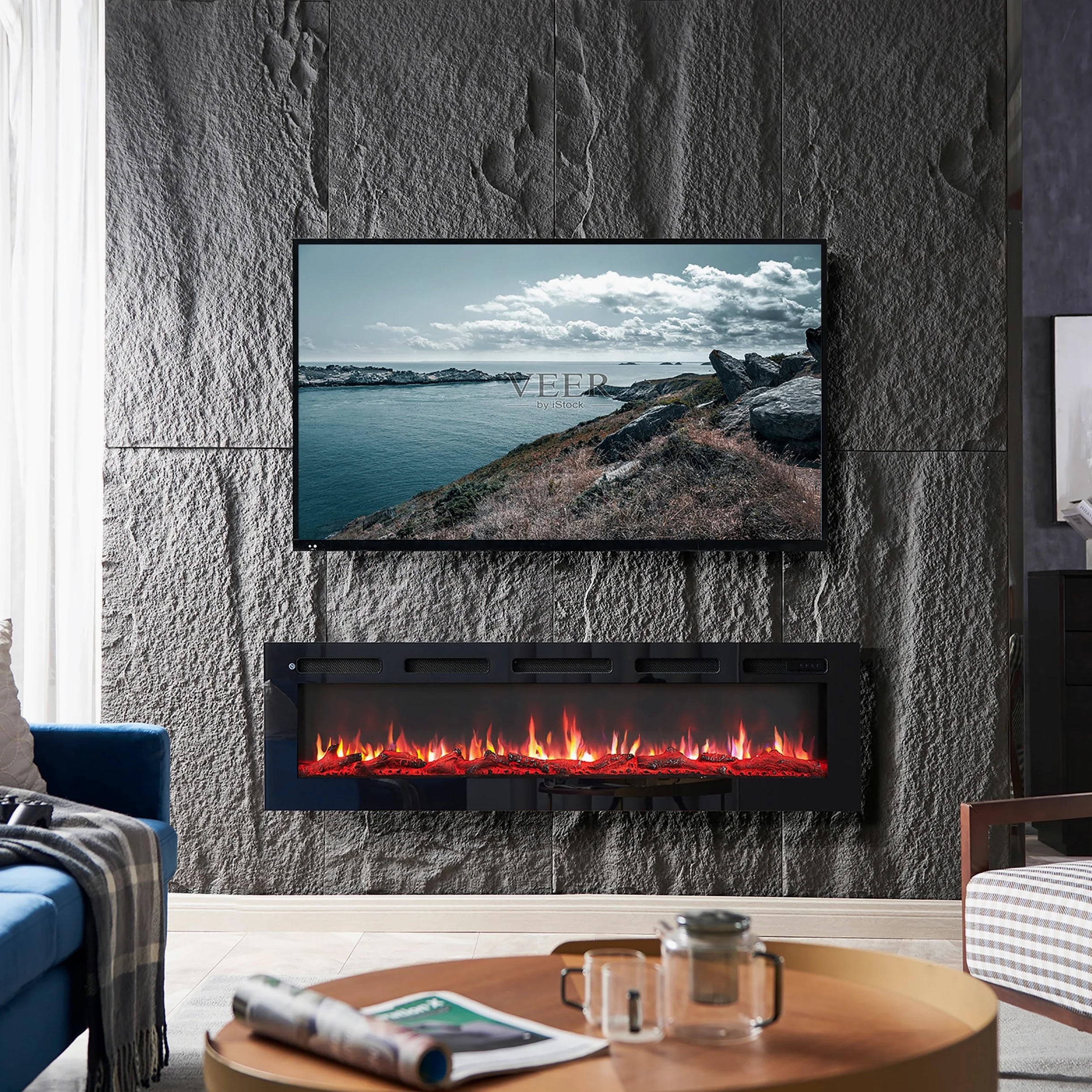 BALDERIA camino elettrico Leif 60"| Caminetto elettrico a pavimento o a muro con riscaldamento 2000 W | Effetto fiamma 3D | Focolare a terra o a parete con telecomando, timer, termostato | Nero