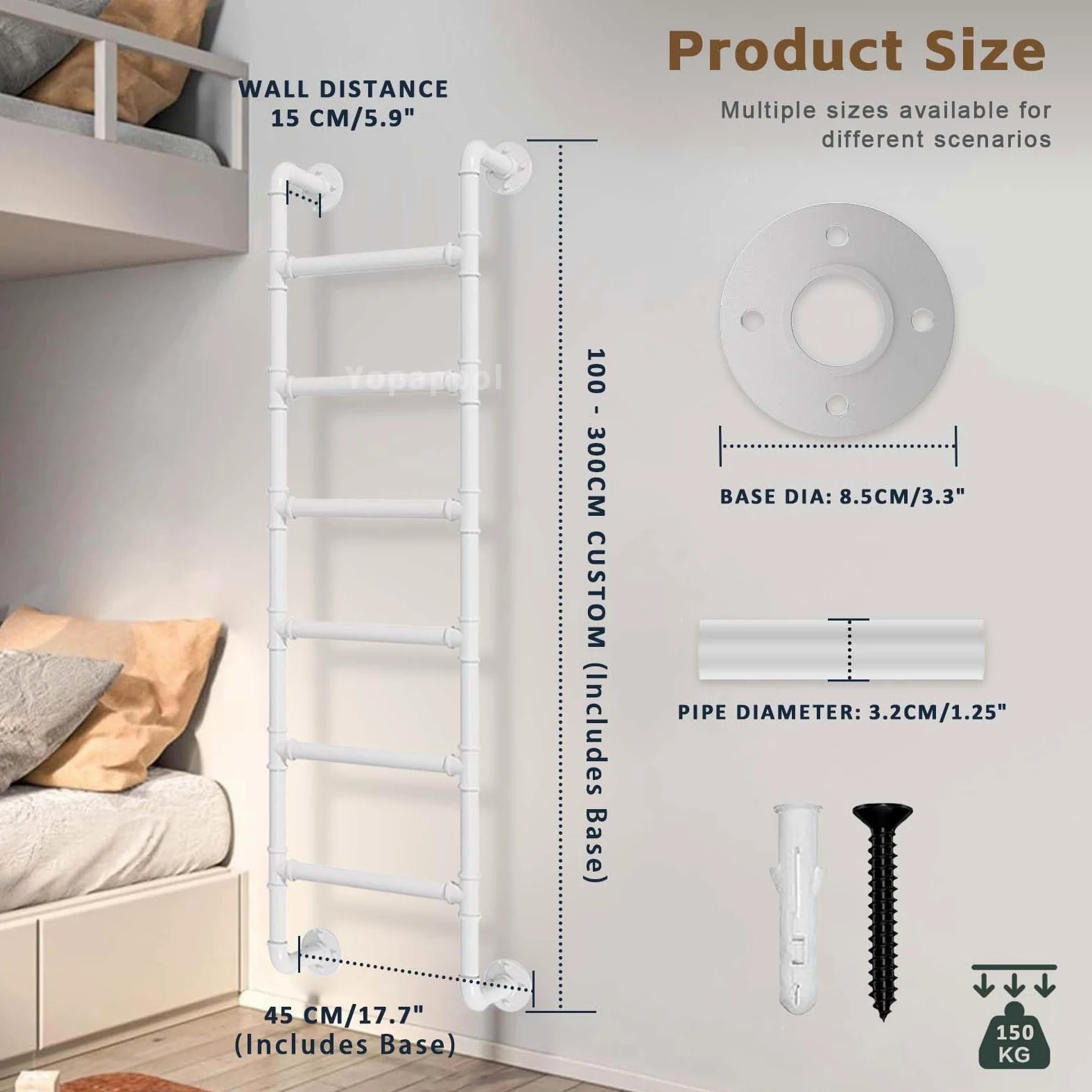 Scala a Castello in Ferro Bianco, Scala a pioli Robusta per Letto Singolo, Scala da 100-300 cm per soffitta Interna, per Appartamenti e dormitori, Scala di Emergenza per finestre (