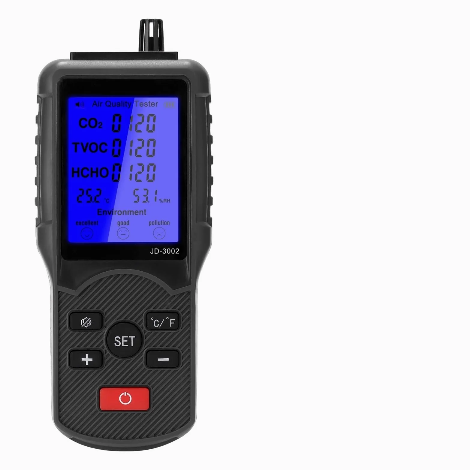 Misuratore Qualità dell'aria, JD-3002 Tester a qualità 'aria Multifunzionale CO2 TVOC HCHO Misuratore di umidità a temperatura Dispositivo di misurazione Rilevatore di CO2 Analizzatore di gas per Casa