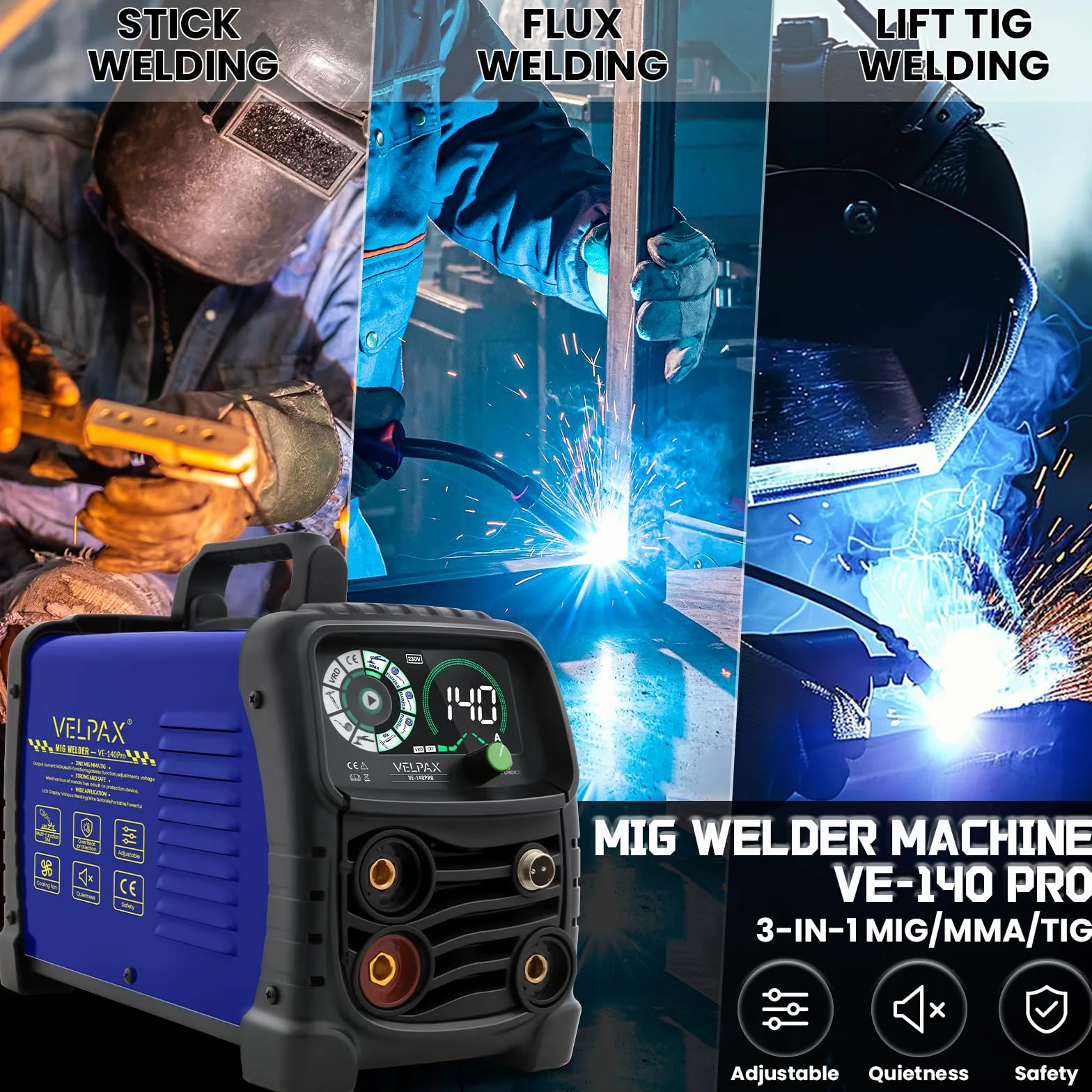 Saldatrice a Filo Continuo Senza Gas 140A 3 in 1 MIG/ARC/Lift TIG IGBT Inverter con Display LED