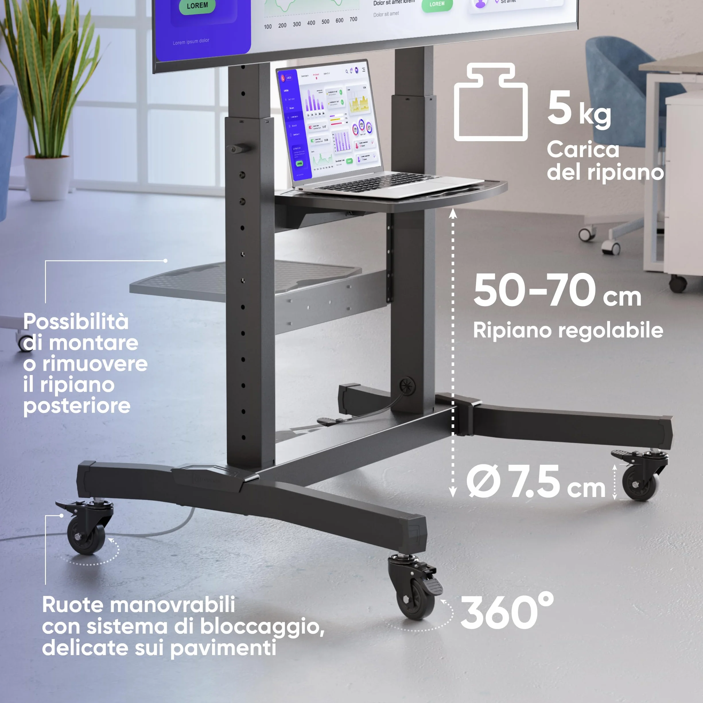 ONKRON Carrello Porta TV con Ruote 50-100 pollici, Carico Totale 130 kg, VESA 200x200-1000x600, Supporto TV da Pavimento Regolabile in Altezza e Inclinabile, Porta Televisore Mobile, Nero TS1991-B
