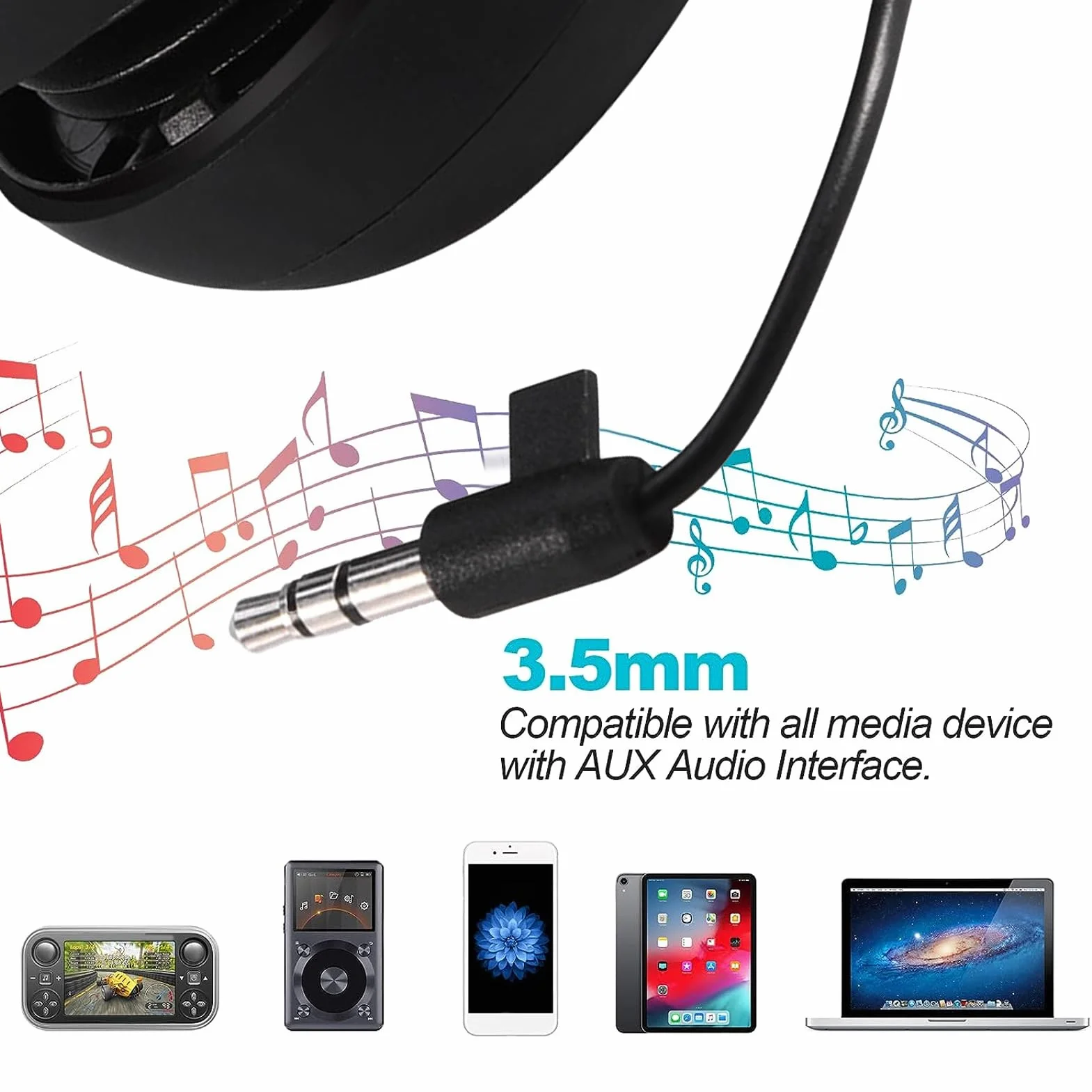 Mini altoparlante da viaggio retrattile da 3,5 mm, con cavo USB per MP3, telefoni cellulari, PC, ecc. (nero)