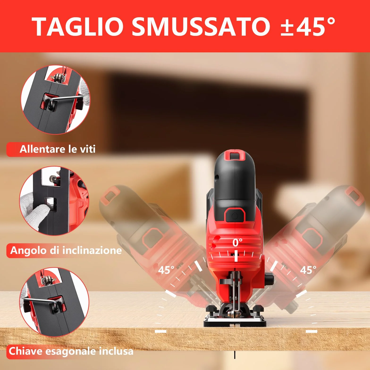 TEENO Seghetto Alternativo Senza Fili Per Batteria Makita 20V, Seghetto Alternativo laser 800-3000 SPM, 6 VELOCITÀ, LED, Angolo ±45°, 5 lame per Legno, Plastica, Metallo (Due Batterie, 2.0 AH)