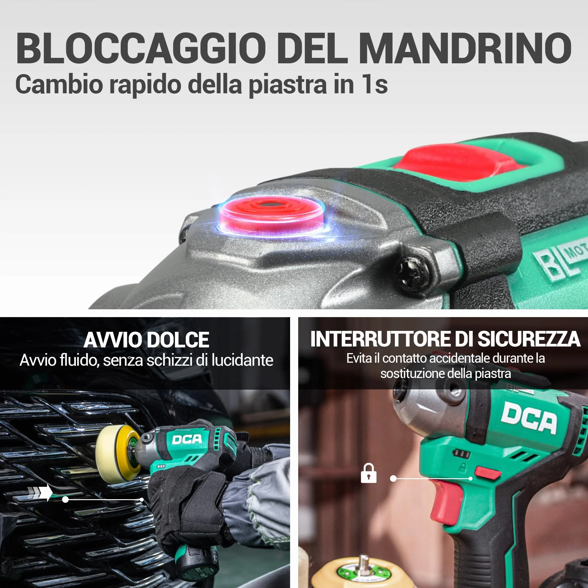 DCA Lucidatrice Auto a Batteria 12V 75mm Mini Lucidatrice Rotativa Senza Spazzole 50mm Levigatrice 2 Batterie 2,0Ah 2 Velocità 2800-8300 RPM