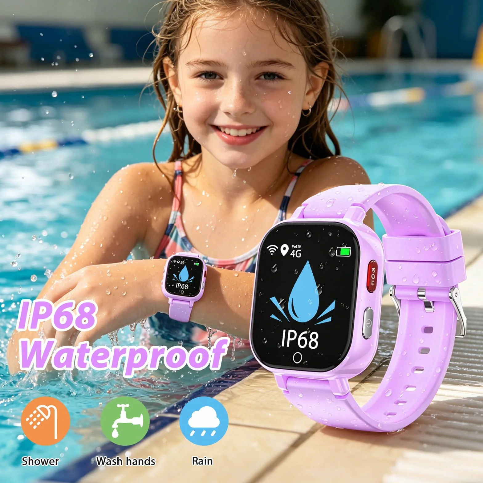 Smartwatch Bambini 4G con Videochiamata, GPS, SOS, Chat Vocale, IP68 Impermeabile, Modalità Classe, Contapassi, Sveglia, Camera, Orologio Smartwatch Regalo per Bambino e Bambina 4-12 Anni (Lila-8A)