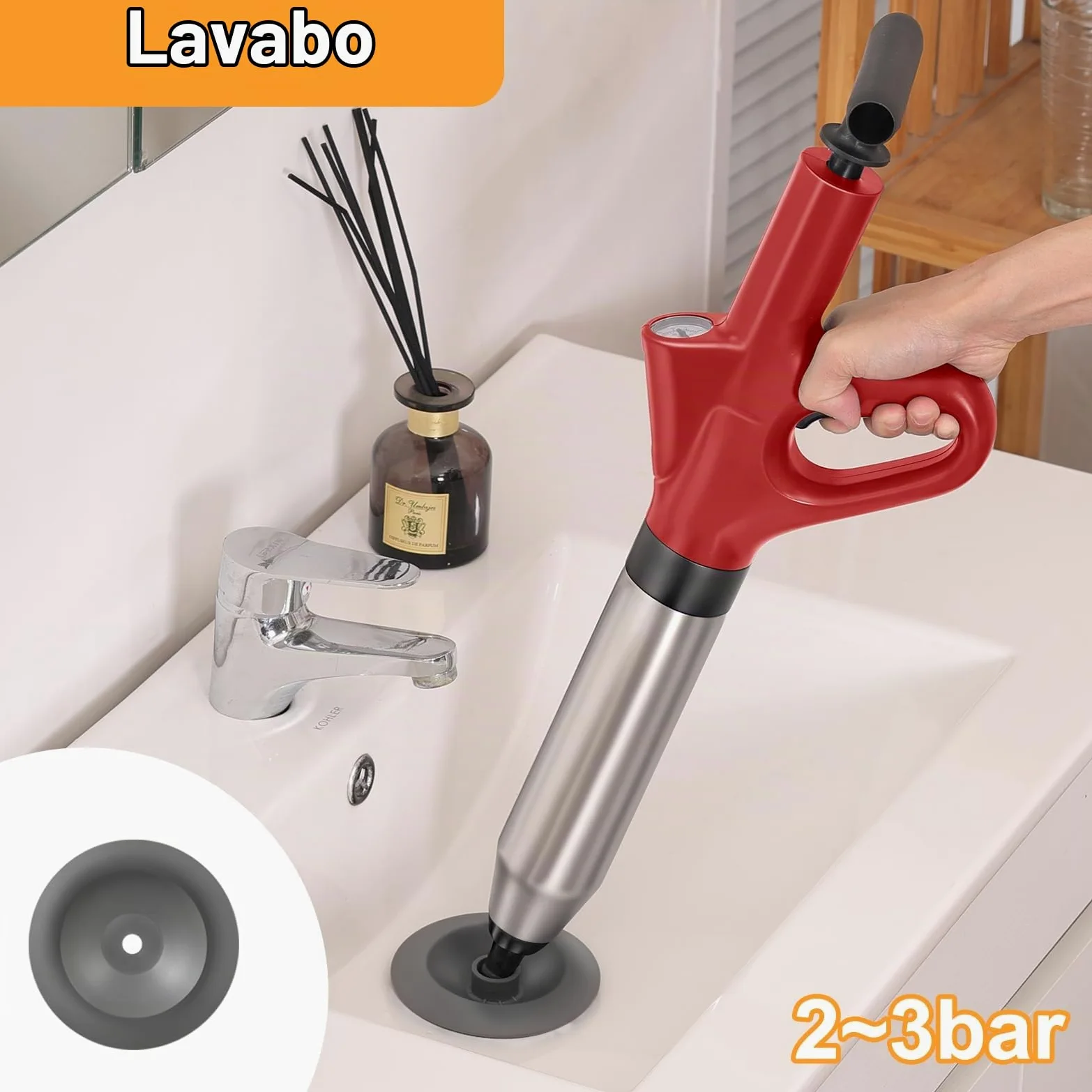 Pompa Stura Scarichi a Pressione, Sturatubi Aria Compressa con Barometro, Sturalavandini a Pressione con Quattro Diverse Ventose per Bagni Servizi Igienici Lavabi