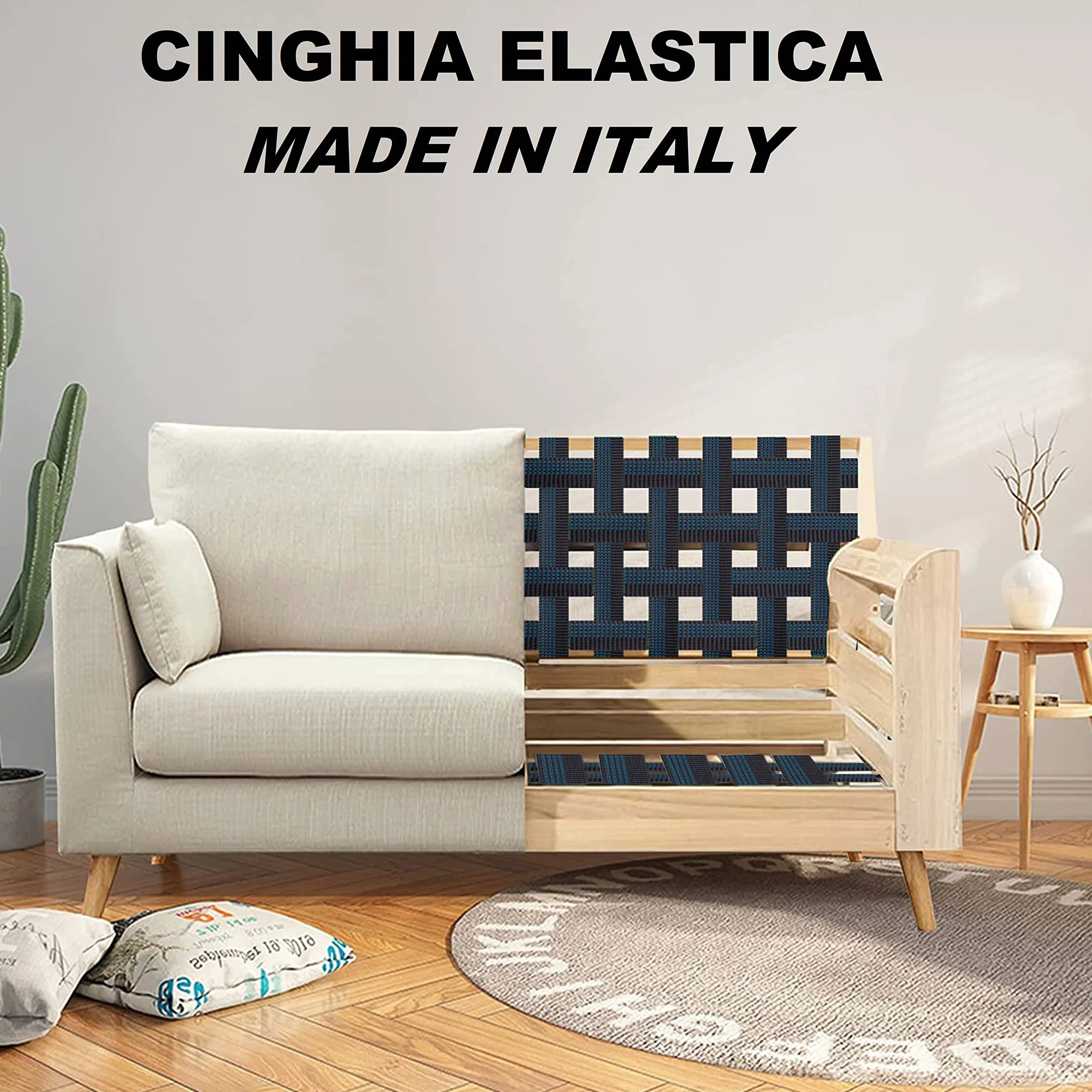 IPEA Cinghia Elastica per Divano, Sedie, Poltrone – [ 10 Metri di Lunghezza ] – Made in Italy - Larga 70 mm - Corda Fascia Tirante a 3 Righe per Tappezzeria, Sedute, Schienali – Elasticità 90%