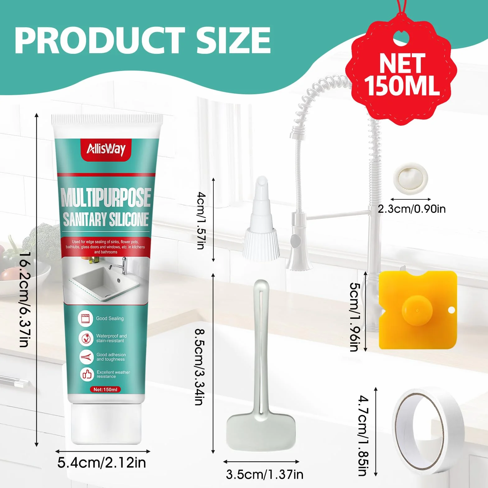 Sigillante Silicone Trasparente Impermeabile 150ml per Bagno, Cucina, WC e Piscina