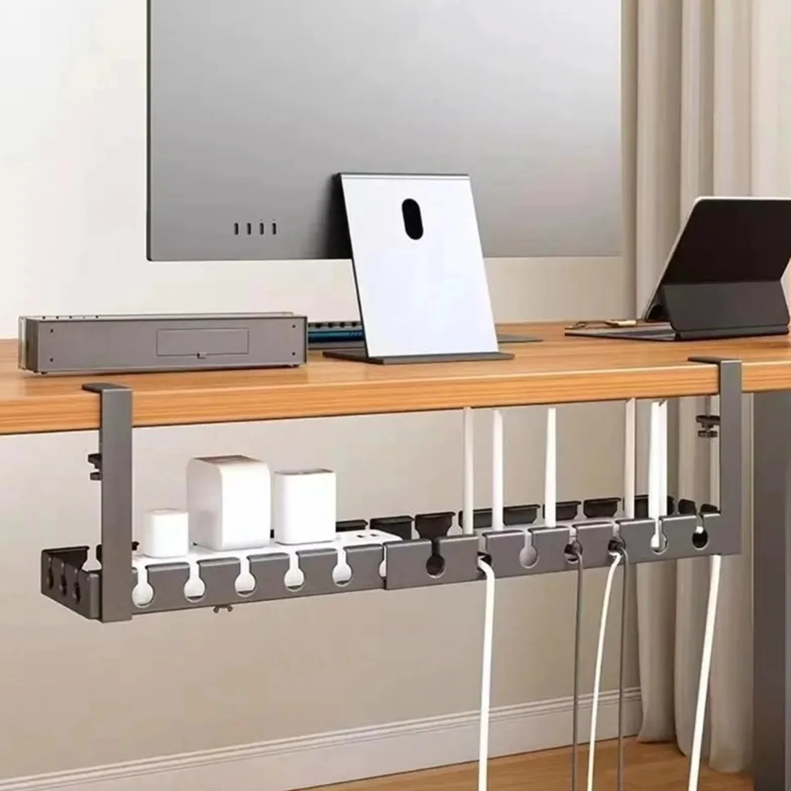 Portacavi in ​​ferro sotto la scrivania | Dimensioni multiple, senza trapano, portacavi sotto la scrivania: supporto for ciabatta e organizer for cavi(Retractable)