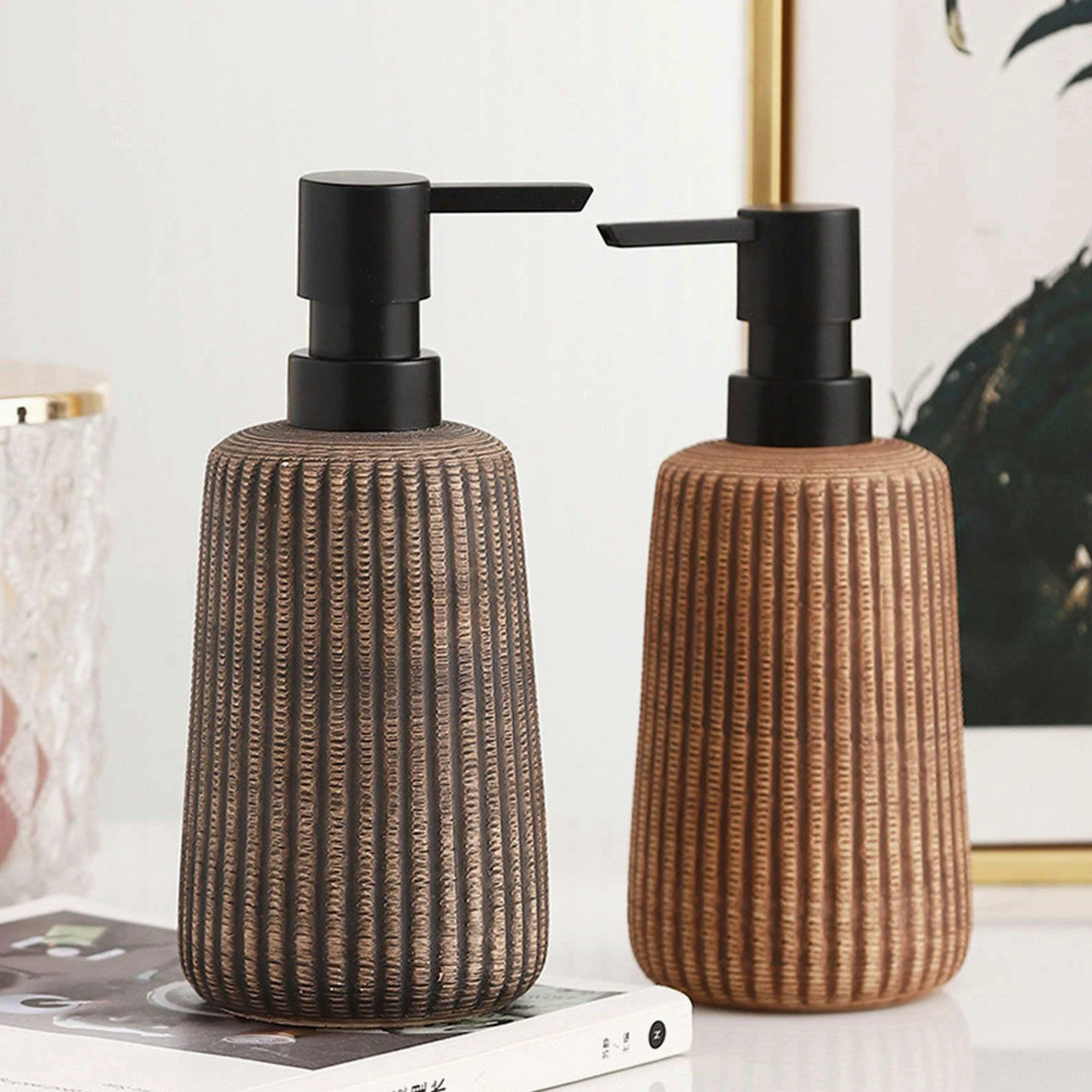 dispenser per sapone, Distributore di sapone, distributore lozione in ceramica, for le mani, ricaricabile - bagno cucina marrone scuro 400 ml/14 oz