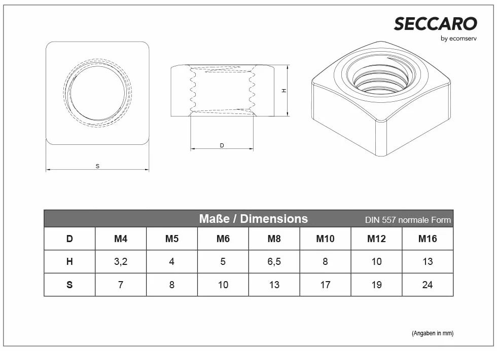 SECCARO dado quadro M5, acciaio inox V2A, DIN 557, 20 sztuk