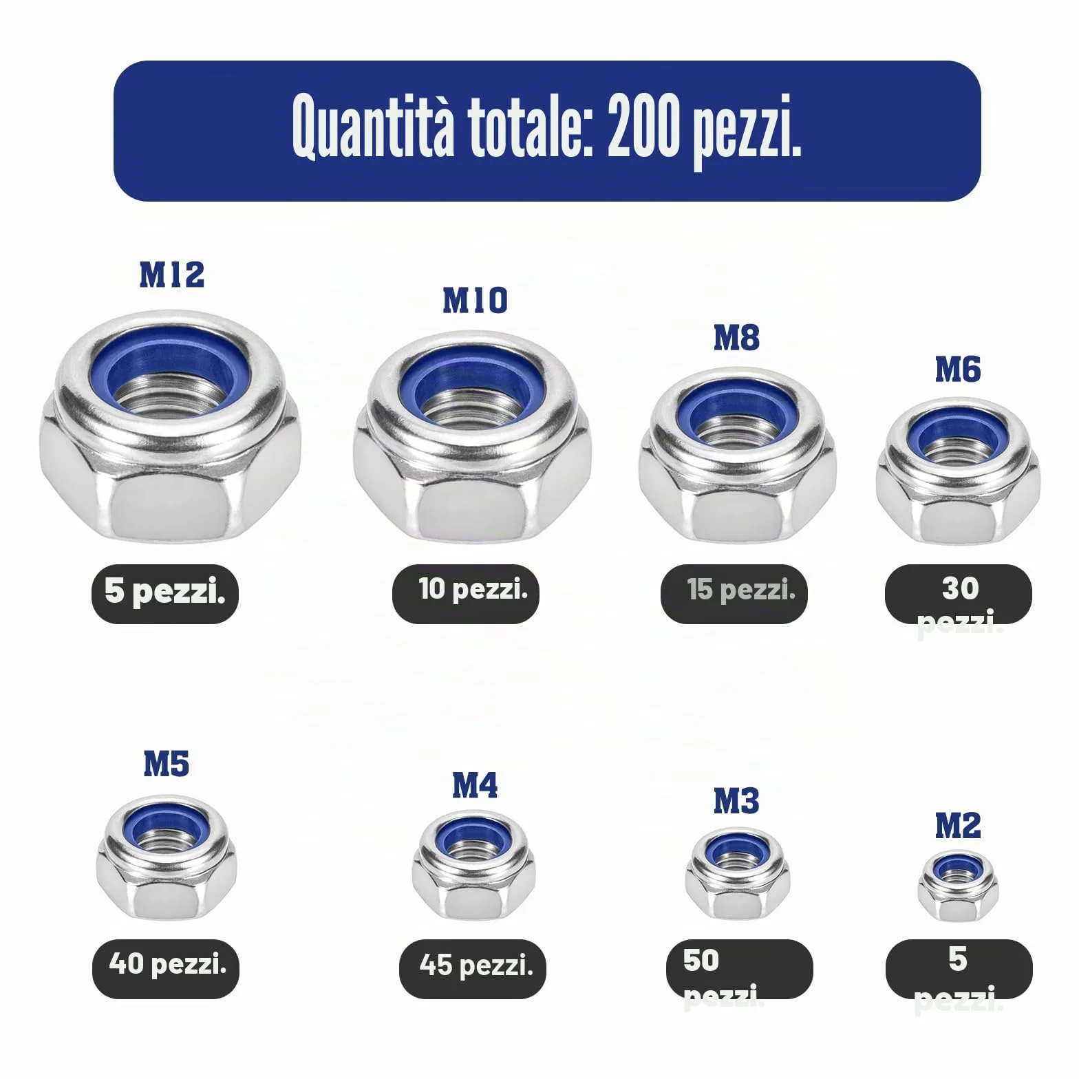 Dadi Autobloccanti Acciaio Inox A2-70 Set 8 Pezzi M2 M3 M4 M5 M6 M8 M10 M12