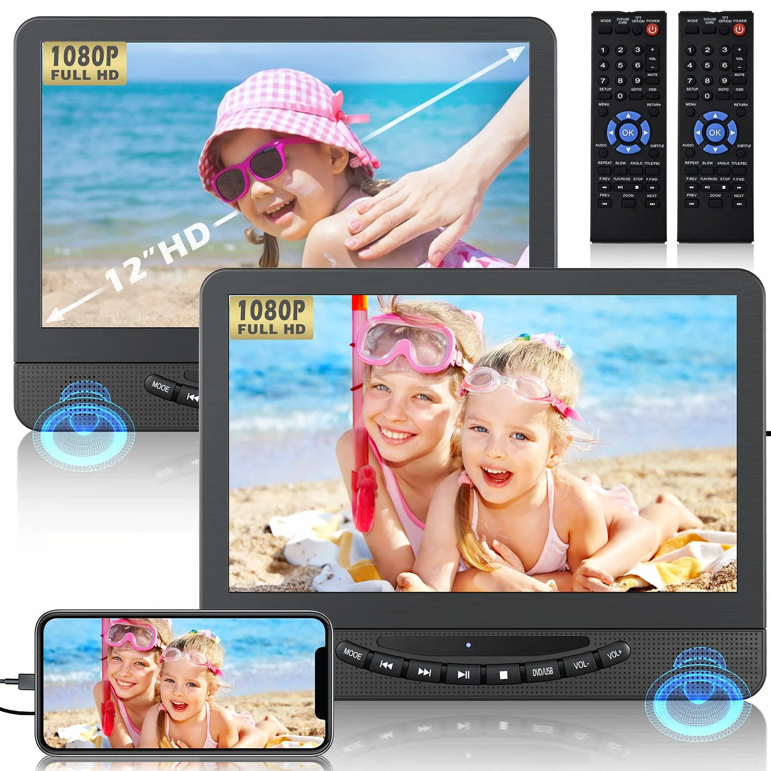 DESOBRY 12” Monitor Poggiatesta Auto Con Ingresso HDMI 1080p, Dual Lettore DVD Portatileda Per La Riproduzione Dello Stesso Film O Di Due Film Diversi, Batteria Ricaricabile Da 5 Ore, Supporto USB