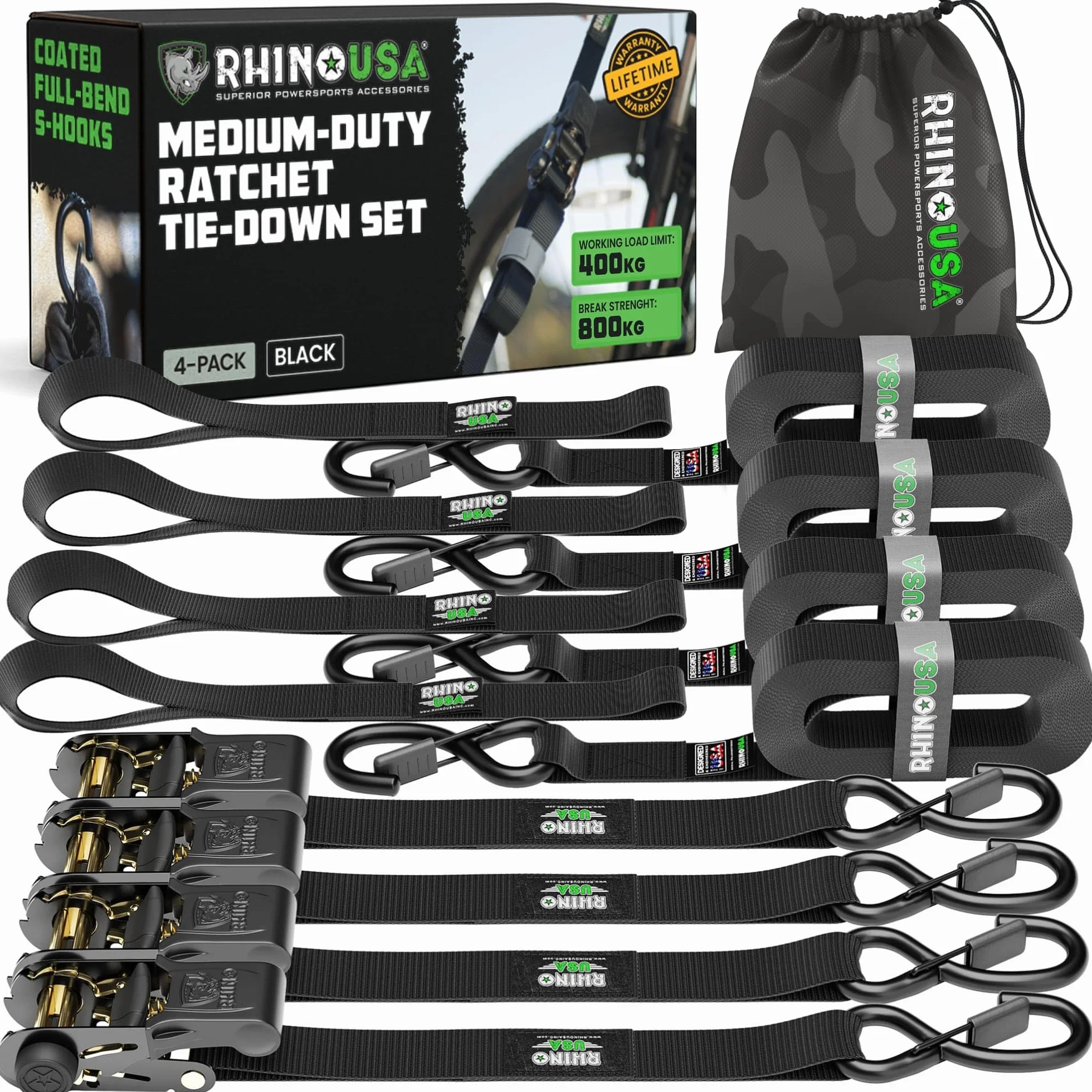 Cinghie a Cricchetto Rhino USA (4-Pack) - 2.5 cm x 4.6 m (800 kg di Resistenza alla Rottura) - Ganci a S di Sicurezza - Cinghie Premium per Camion, Carichi, Traslochi, Elettrodomestici - Nero