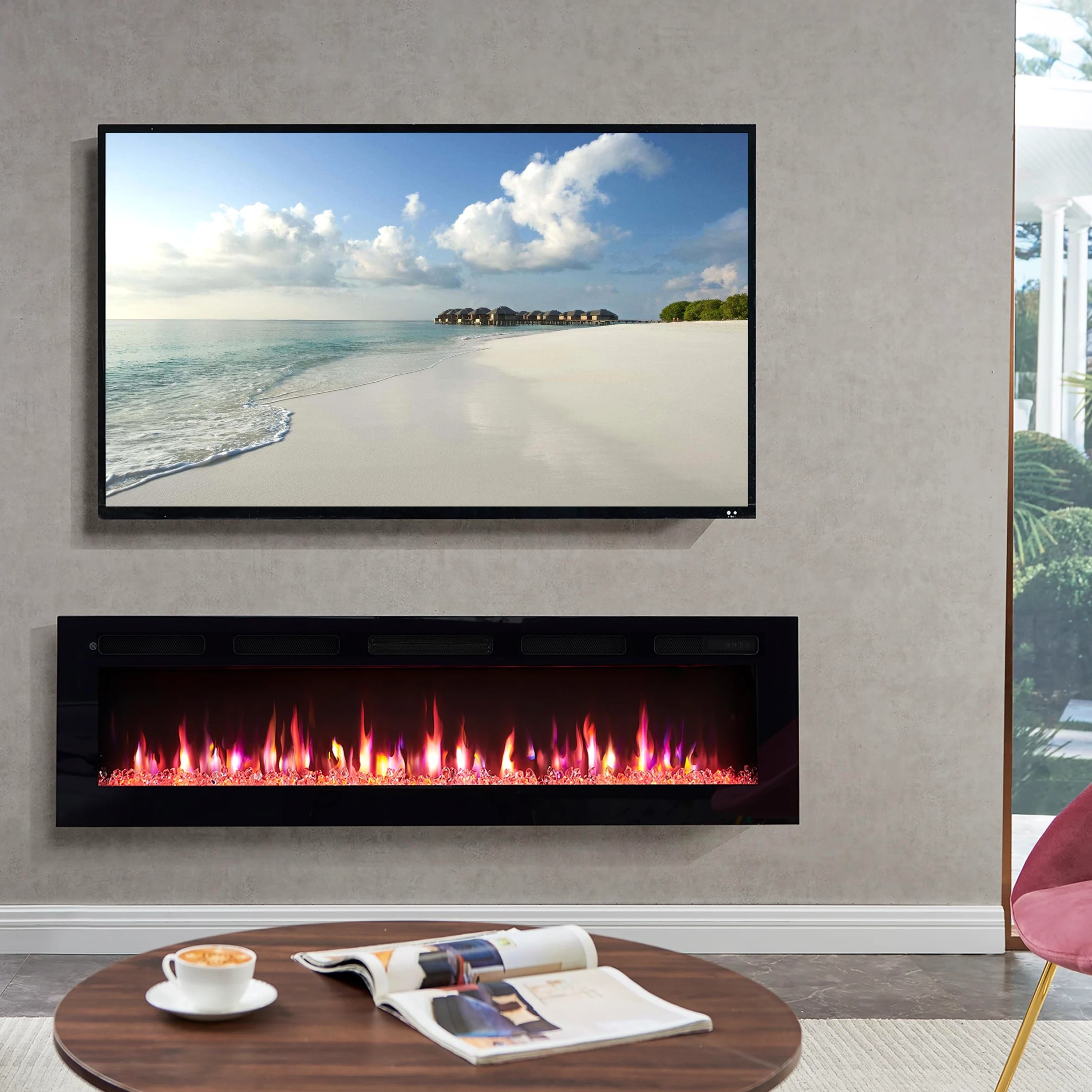 BALDERIA camino elettrico Leif 60"| Caminetto elettrico a pavimento o a muro con riscaldamento 2000 W | Effetto fiamma 3D | Focolare a terra o a parete con telecomando, timer, termostato | Nero