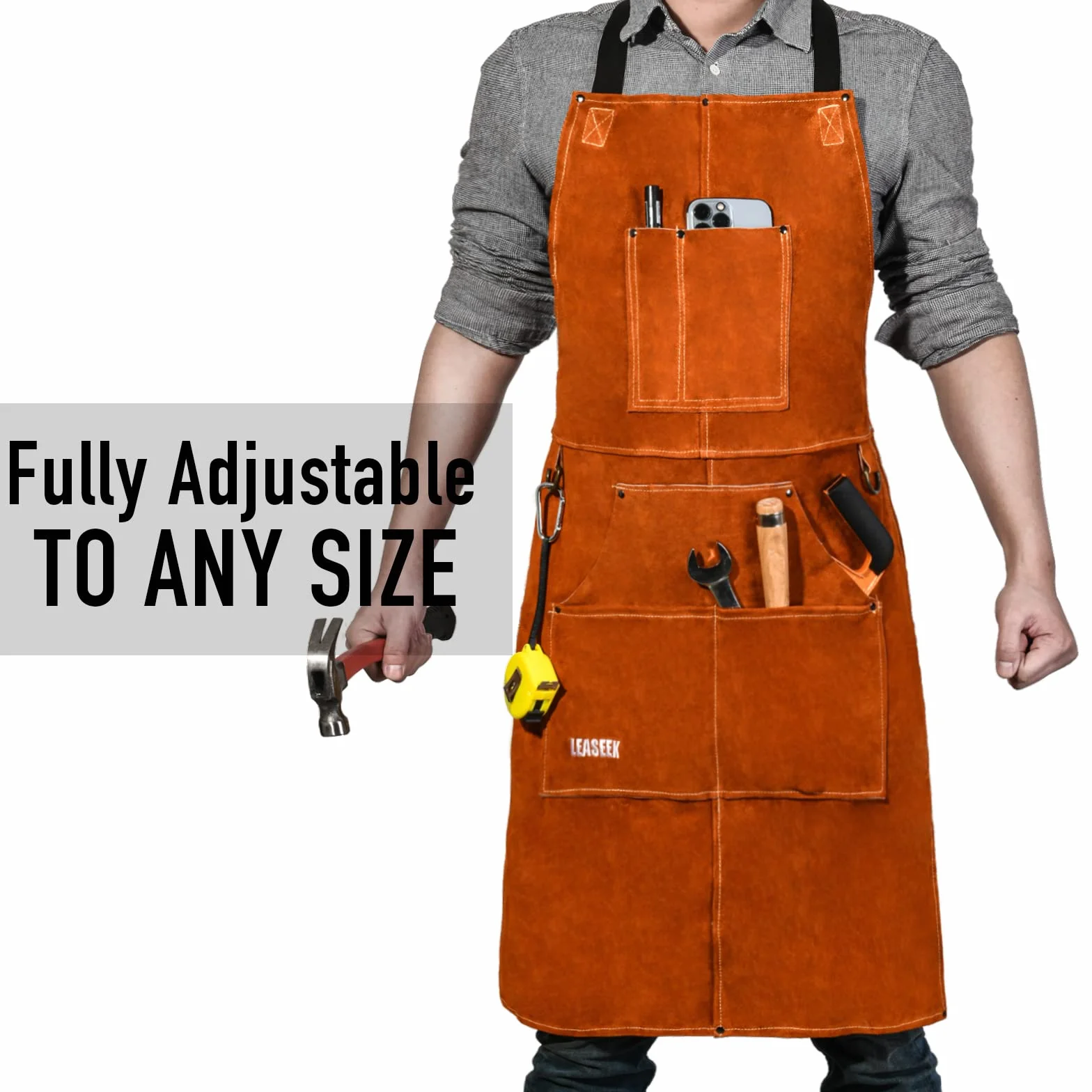 LeaSeek Grembiule per Saldatura in Pelle Bovina con 6 Tasche per lavoro degli Utensili Pesanti con filo più Forte di Kevlar Americano, Regolabile da M a XXL per Uomo e Donna