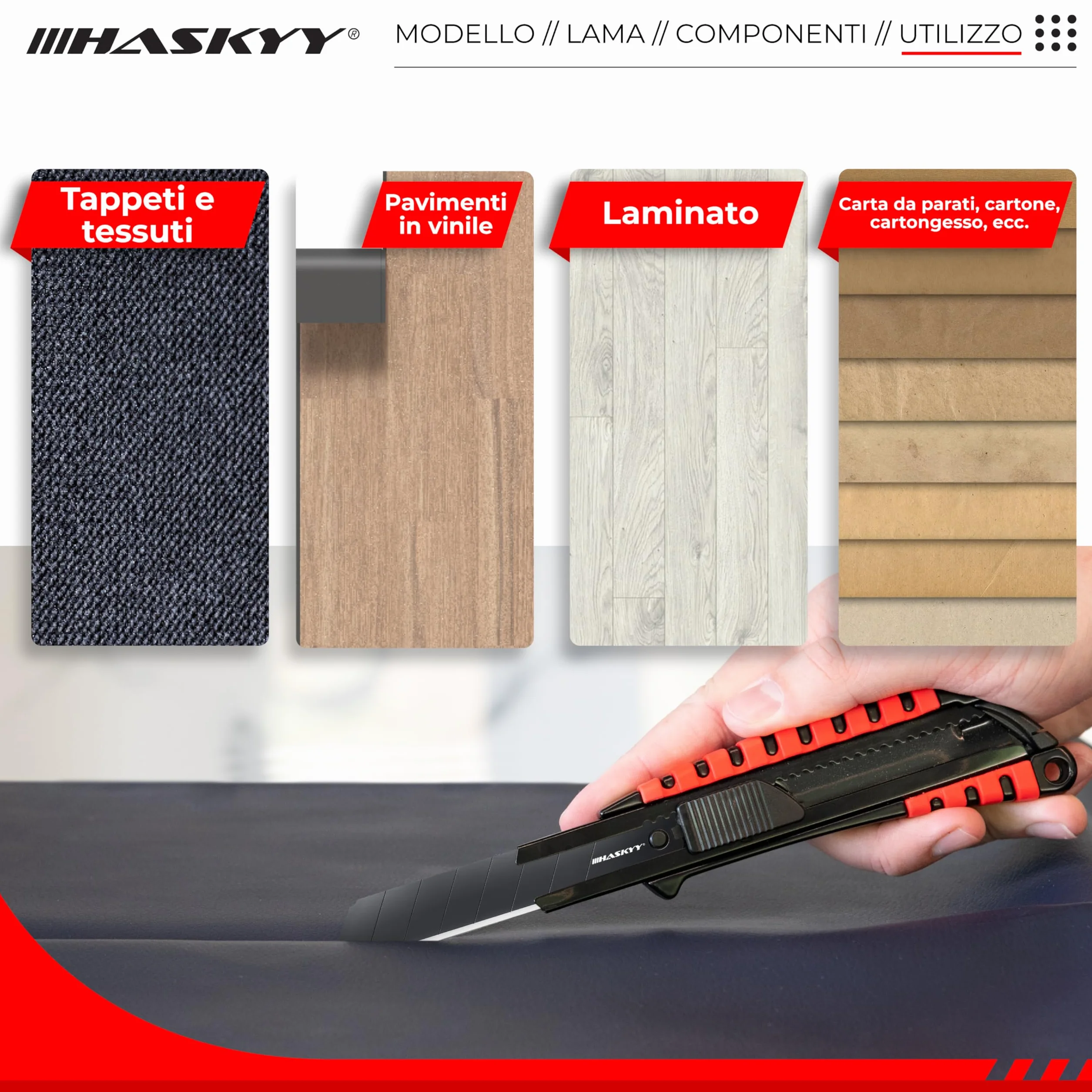 HASKYY Taglierino da Tappeto 18mm Set 5x Coltelli con Lama SK5 Ergonomico
