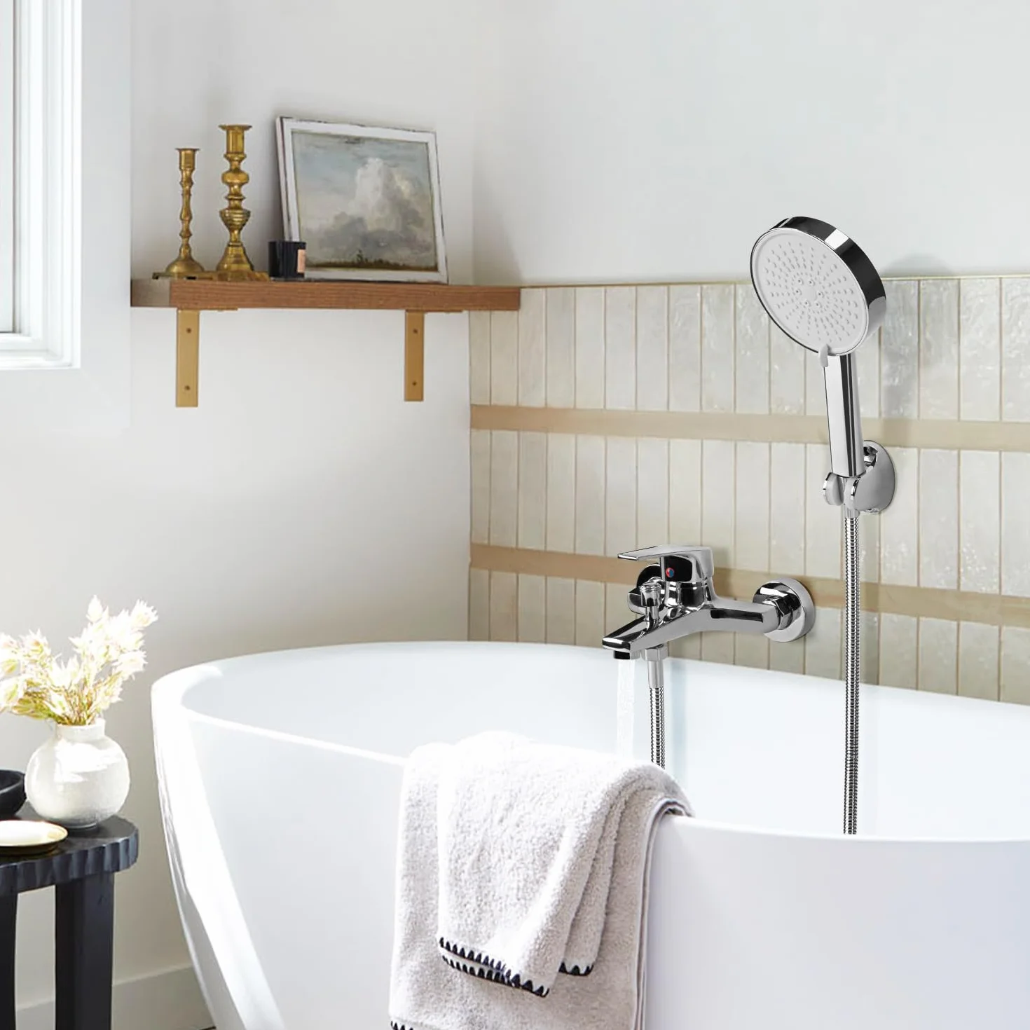 Rubinetto da Bagno a Parete Miscelatore Vasca in Ottone Solido 5 Modalità Doccetta Argento