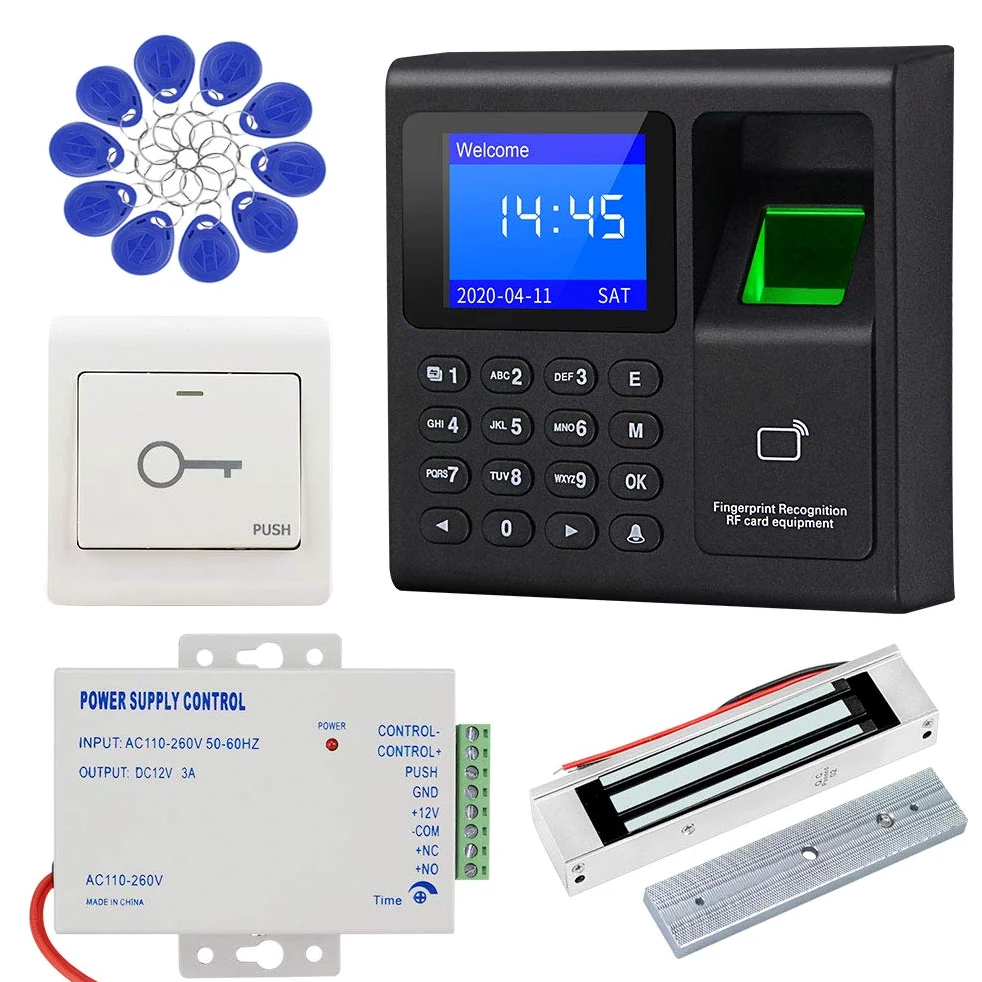 KDL Tastiera impronta digitale per sistema di controllo accessi RFID completo, alimentazione DC12V, serratura magnetica elettrica da 180kg con pulsante interruttore porta, portachiavi 125KHz