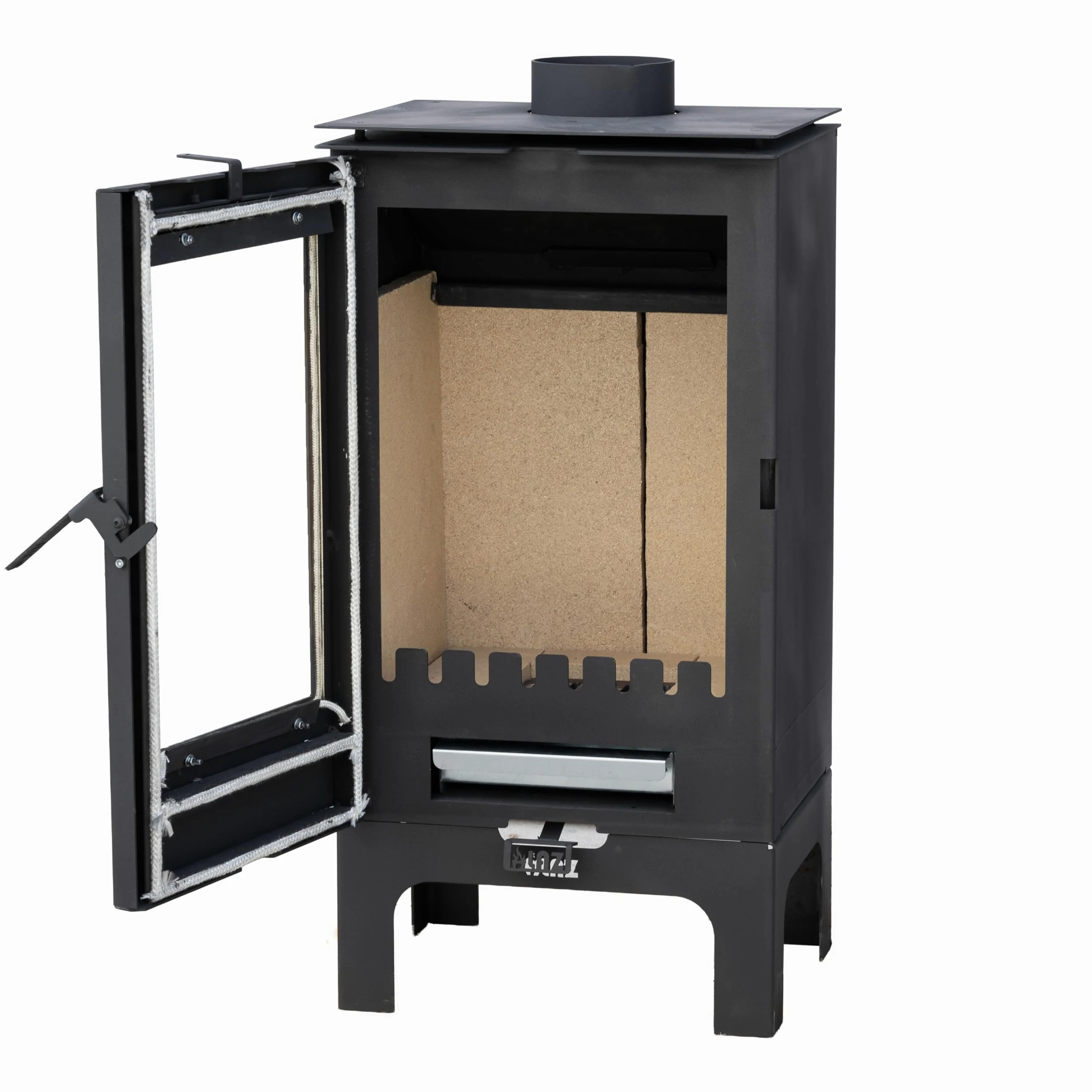 ALAZ K8M-L stufa a legna da 6 kW, colore nero, camera di combustione con refrattario, grande finestra e vano cenere, per tronchi fino a 50 cm, classe di efficienza energetica A