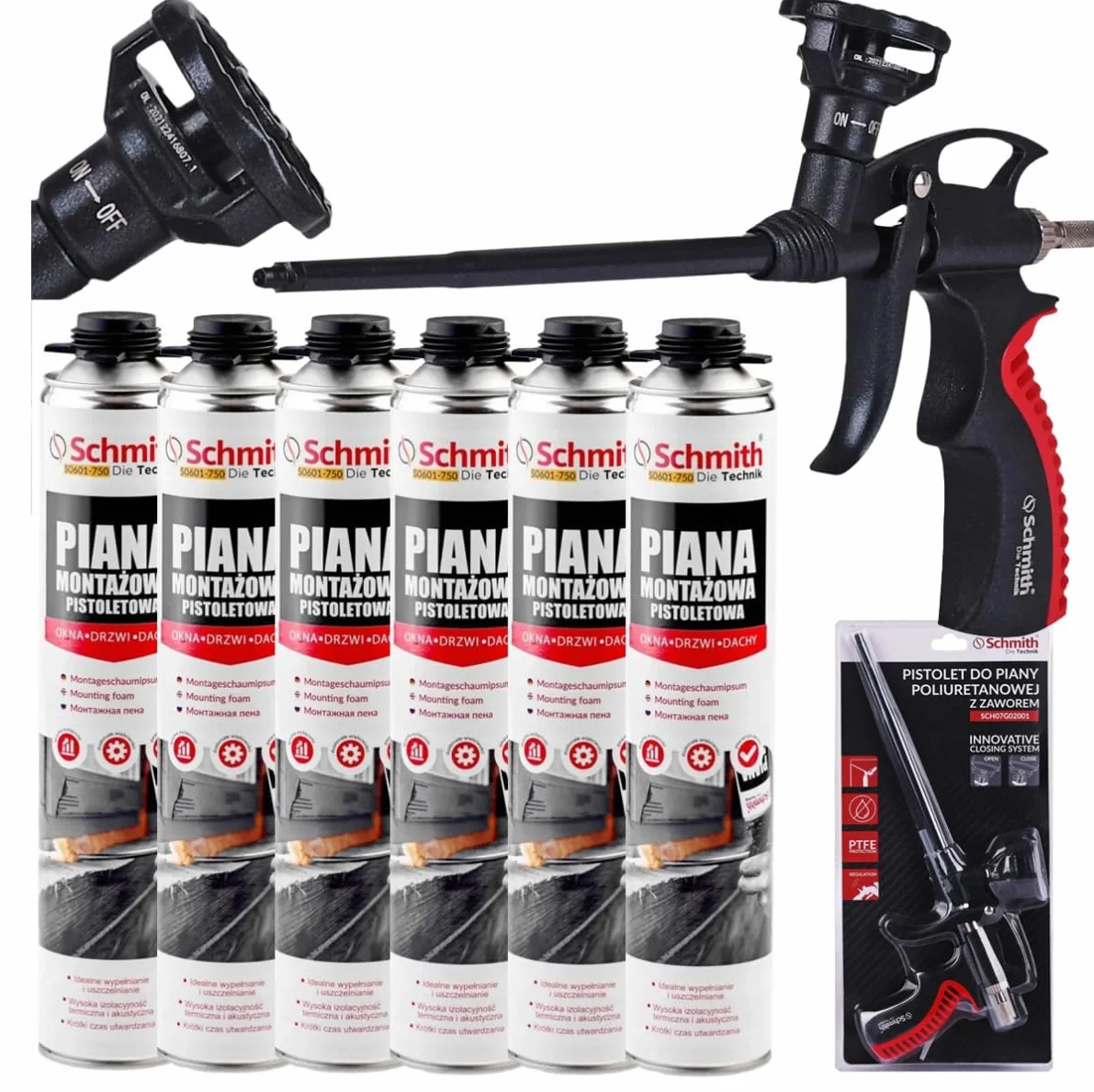 Kit 6 Schiume Poliuretaniche a Indurimento Rapido con Pistola PTFE 750ml per Montaggio Sigillatura Isolamento