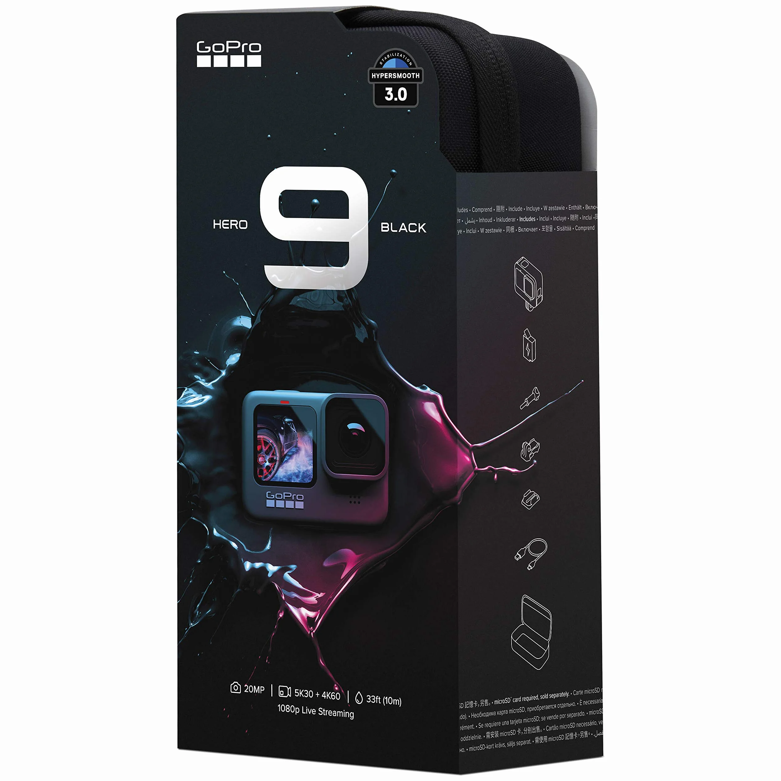 GoPro HERO9 - Fotocamera sportiva impermeabile con schermo LCD anteriore e touch screen posteriore, video 5K Ultra HD, foto da 20 MP, streaming live 1080p, webcam, stabilizzazione, nera