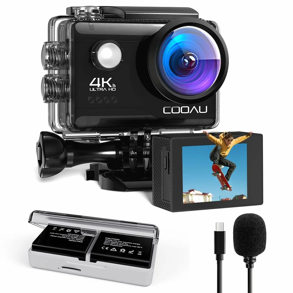 COOAU Action Cam 4K60 fps 64MP WiFi touch screen con microfono esterno, fotocamera subacquea 40 m Type-C EIS stabilizzazione 170° Action Camera 2 x 1350 mAh batterie/accessori