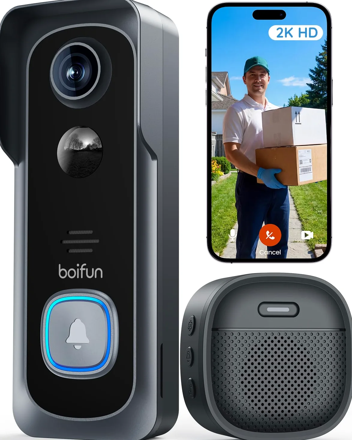 BOIFUN Videocitofono 2K wireless, senza canone mensile, rilevamento del movimento, conversazione bidirezionale, visione notturna chiara, batteria ricaricabile, funziona con Alexa, scheda SD e