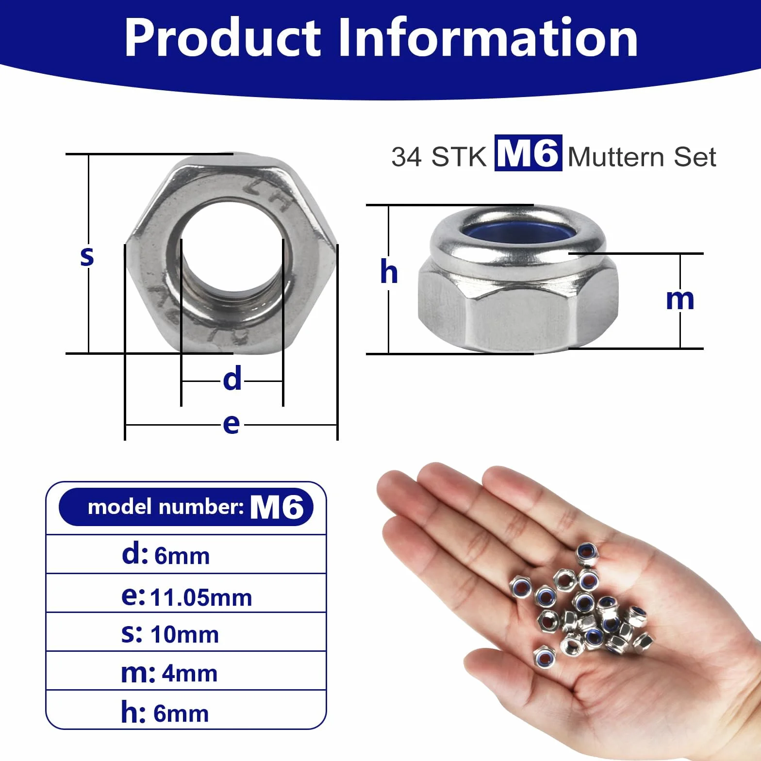 Set di 34 Dadi Esagonali in Acciaio Inox M6 Autobloccanti di Sicurezza