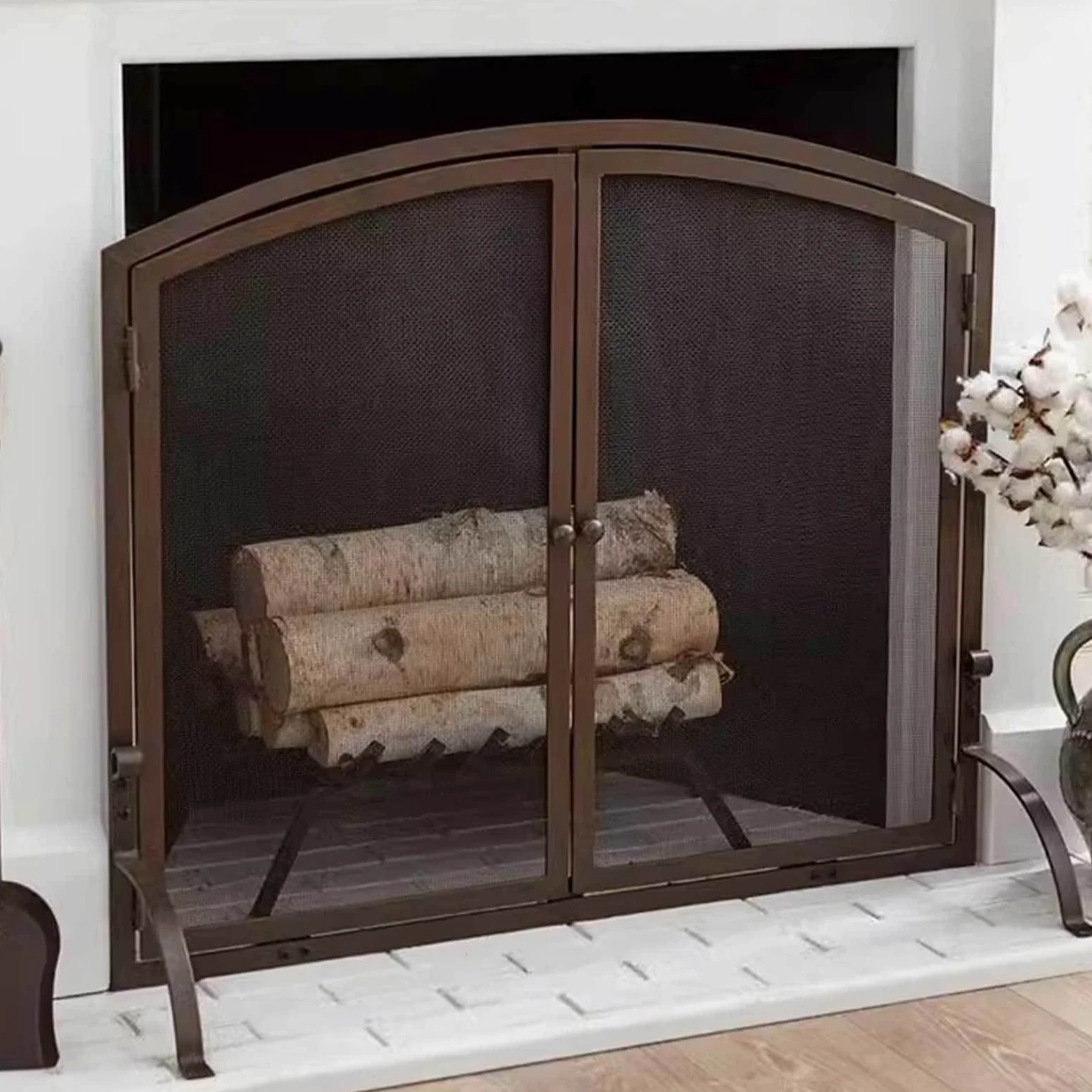 Parascintille Decorativo per Camino Ad Arco a 2 Porte - Copriscintilla per Camino in Ferro Battuto Artigianale con Rete Metallica per L'arredamento del Soggiorno,Brown