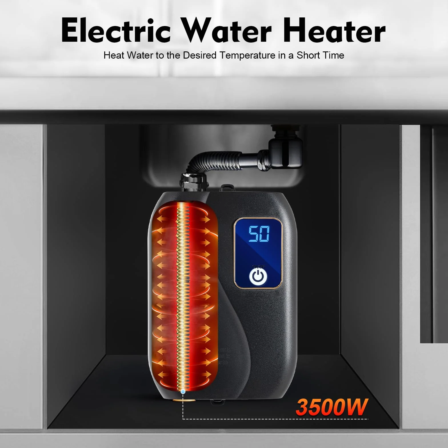Scaldacqua elettrico, 3500 W, scaldabagno senza serbatoio, con connettore standard, piccolo scaldabagno sottolavello, per cucina familiare, 12 x 20 cm, nero