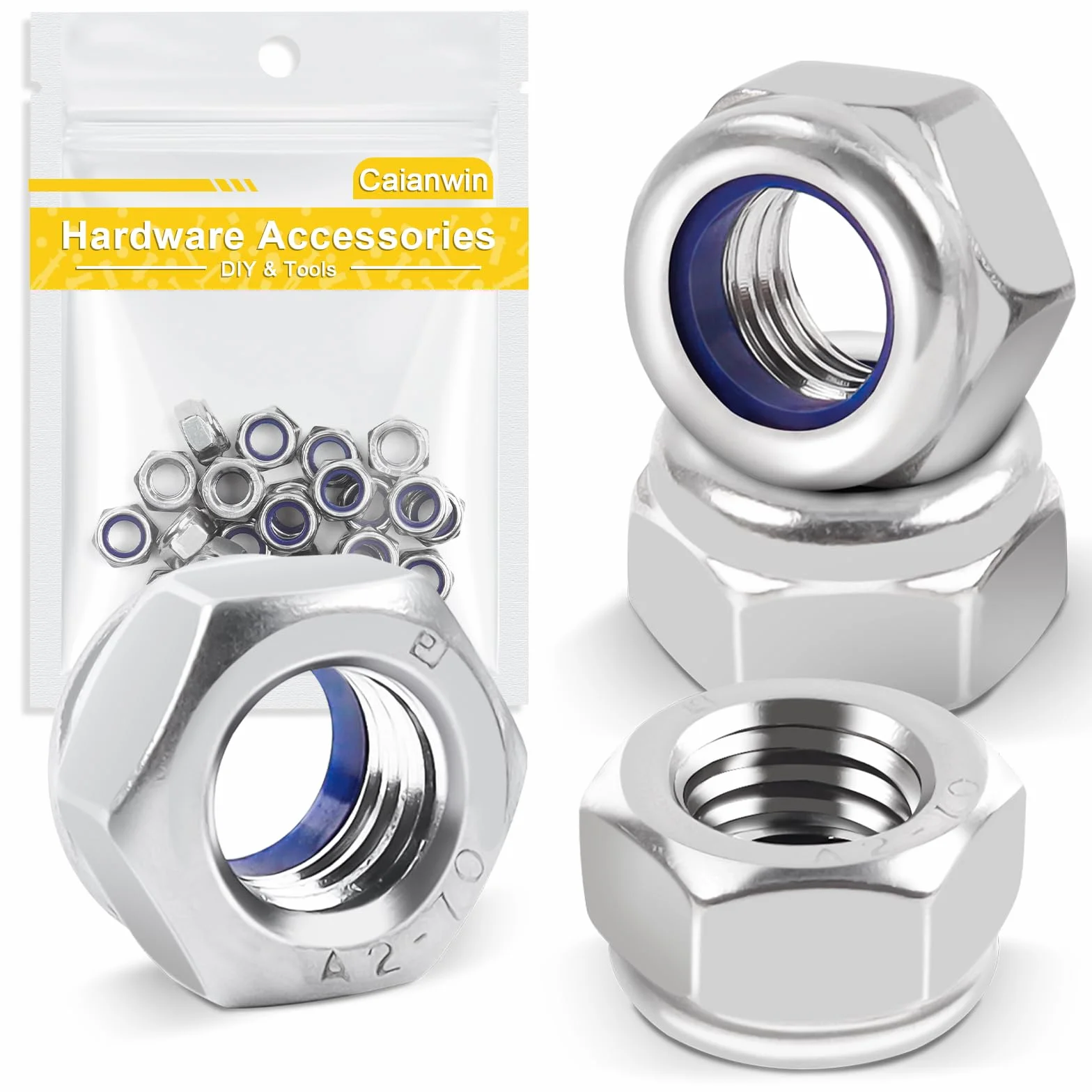 Caianwin 50 Pezzi Dadi autobloccanti M3 DIN985 Acciaio Inox A2 V2A Dadi Esagonali con Bloccaggio Nylon