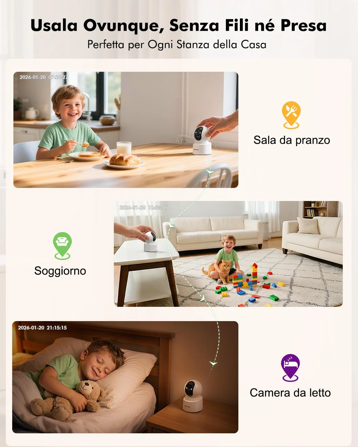 4MP 2,5K Telecamera WiFi Interno Senza Fili con Batteria 6000mAh, Rotazione 360°, Wi-Fi Dual Band 2,4/5 GHz, Rilevamento PIR, Visione Notturna a Colori, Audio Bidirezionale, Senza Forare